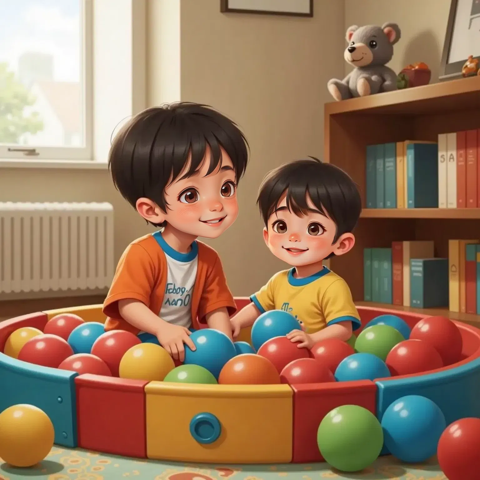 Jayden and Dylan happily playing together in a colorful ball pit at home. Jayden looks protective, Dylan smiles brightly. A cozy living room with toys in the background.