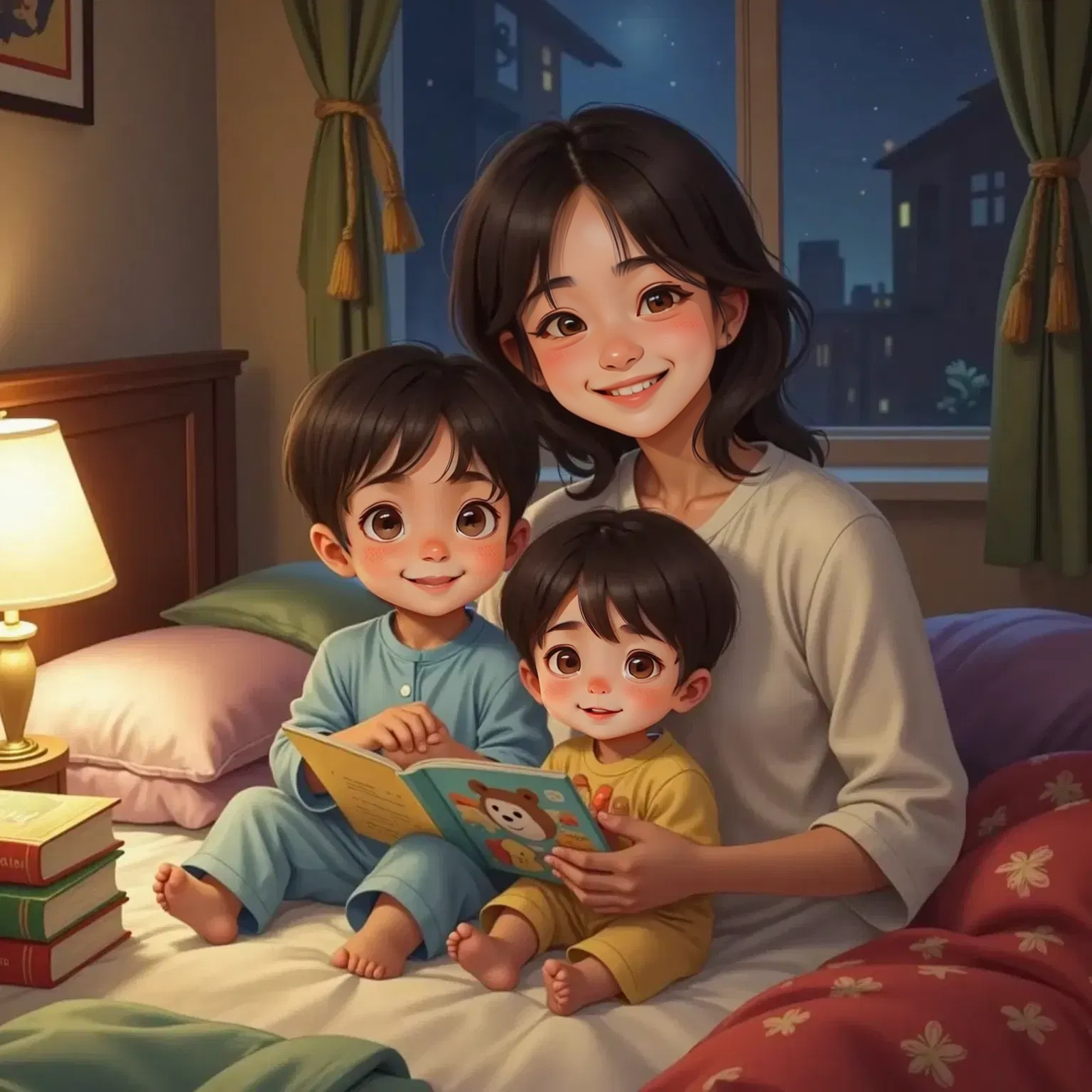 Jayden and Dylan sitting on a bed, listening intently to their mother, a woman with shoulder-length black hair, reading a storybook. Jayden looks thoughtful, Dylan nods seriously. Warm bedroom setting at night.
