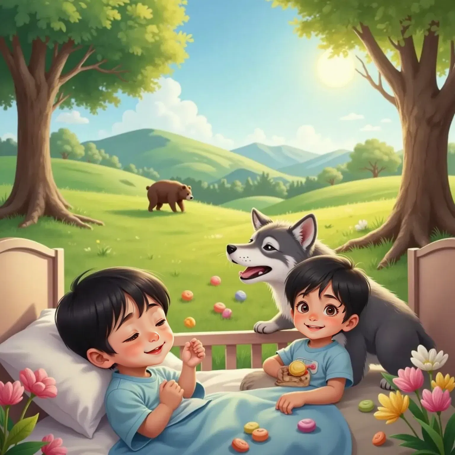 Dylan dreaming in bed, smiling as he imagines Wolf, the big grey dog with a bad guy aura, throwing candy to a passing brown bear in a park. Jayden in the dream hugs Dylan with a big smile. Dreamy, soft colors.