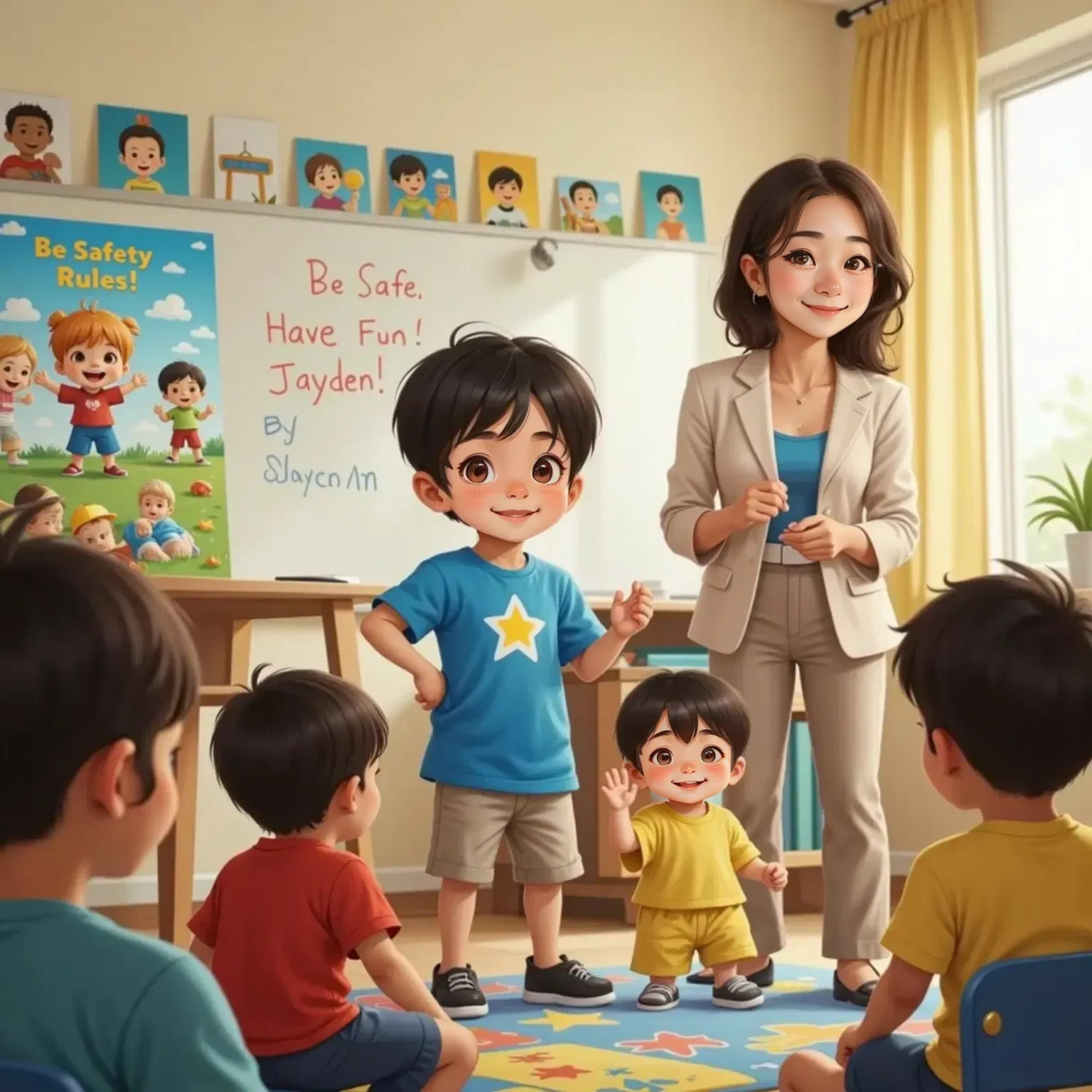 Jayden standing in a bright classroom, telling a group of attentive children about safety. A smiling teacher, a woman with short brown hair and glasses, stands nearby. Dylan raises his hand with excitement.