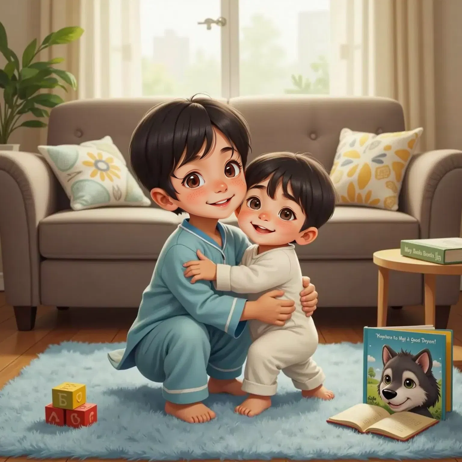 Jayden hugging Dylan, both smiling warmly at home. Wolf, the big grey dog with a bad guy aura, appears only as a small illustration in a storybook on the table. The room feels safe and cozy.