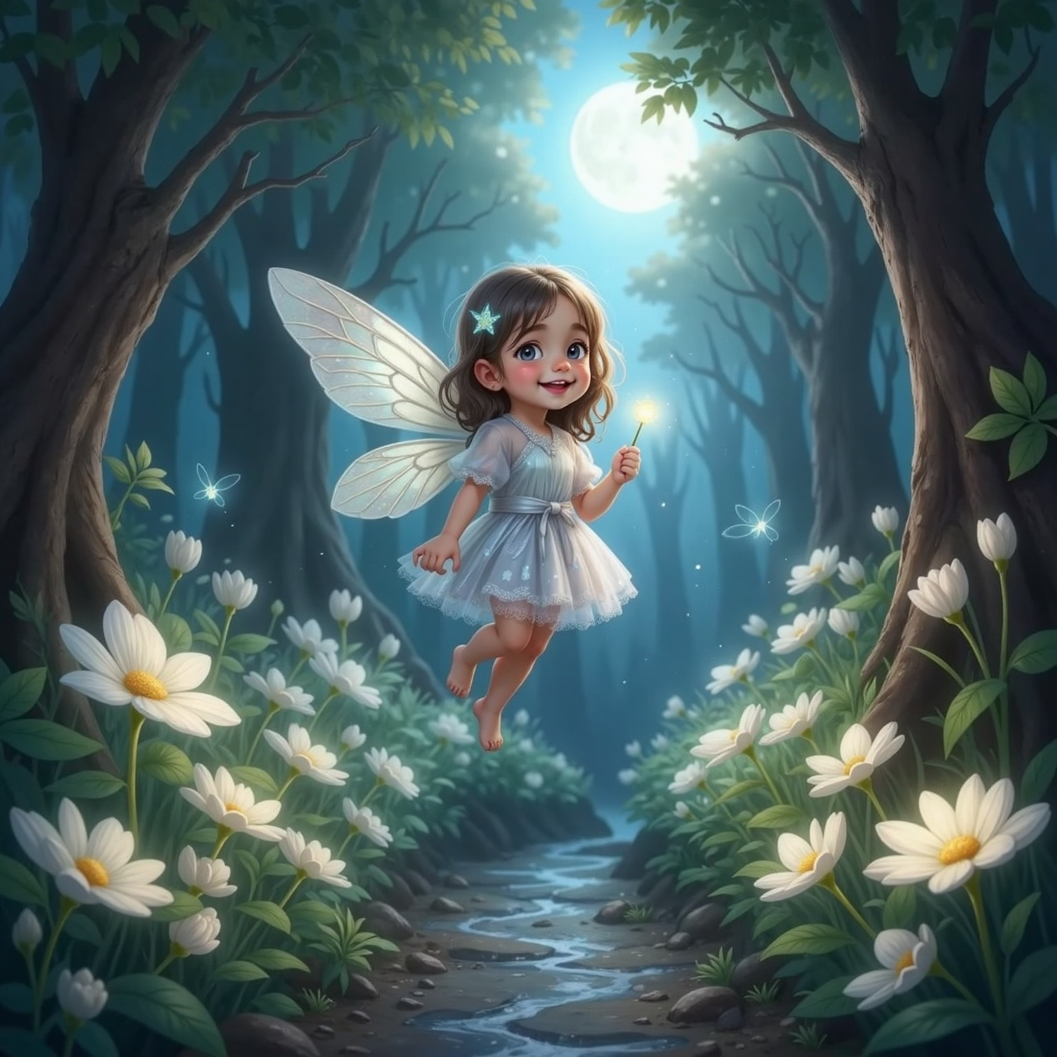 A small fairy with shimmering silver wings and a gentle smile, hovering among glowing silver flowers under a bright full moon in a magical garden