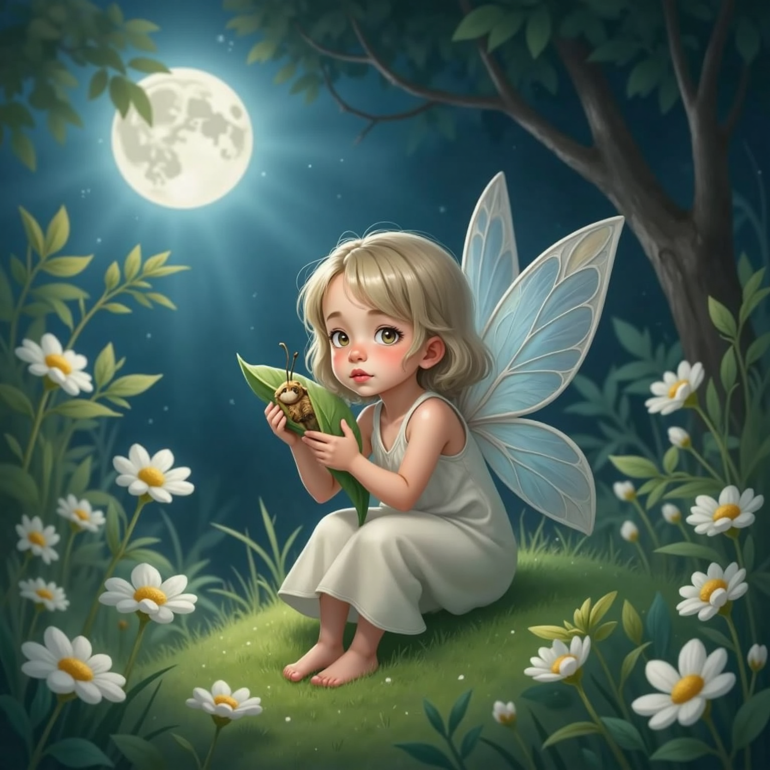 A small fairy with shimmering silver wings, cradling a tiny shivering moth wrapped in a green leaf, surrounded by moonlit silver flowers