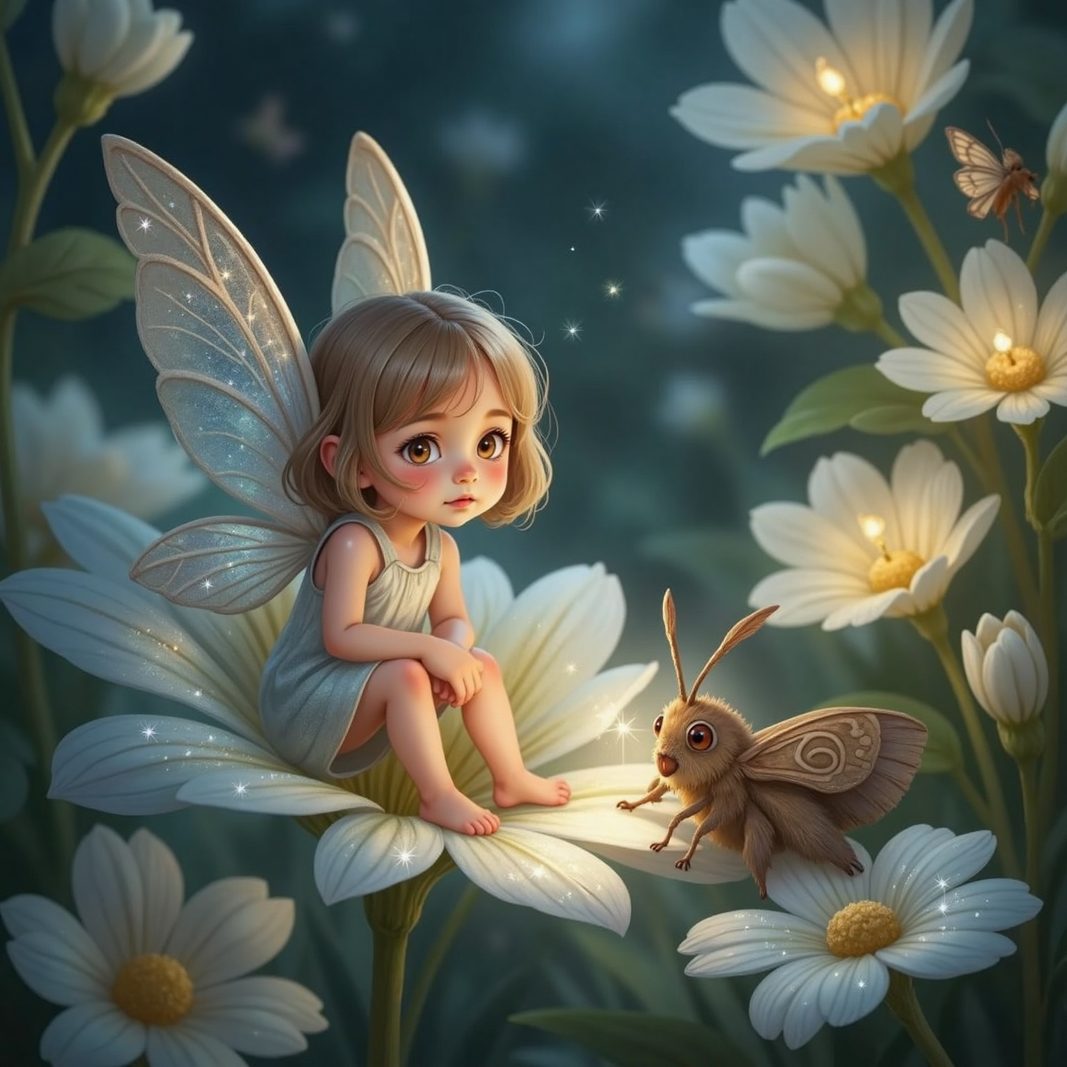 A small fairy with shimmering silver wings and an amazed expression, sitting beside a tiny moth. The garden is aglow with sparkling silver flowers, with other moths and tiny fairies peeking out from behind petals