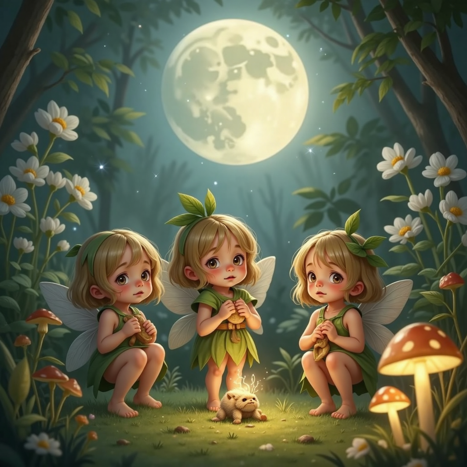 A group of small fairies with wide, wondering eyes gathered in a glowing moonlit garden. The main fairy hugs a tiny moth, silver flowers sparkling all around