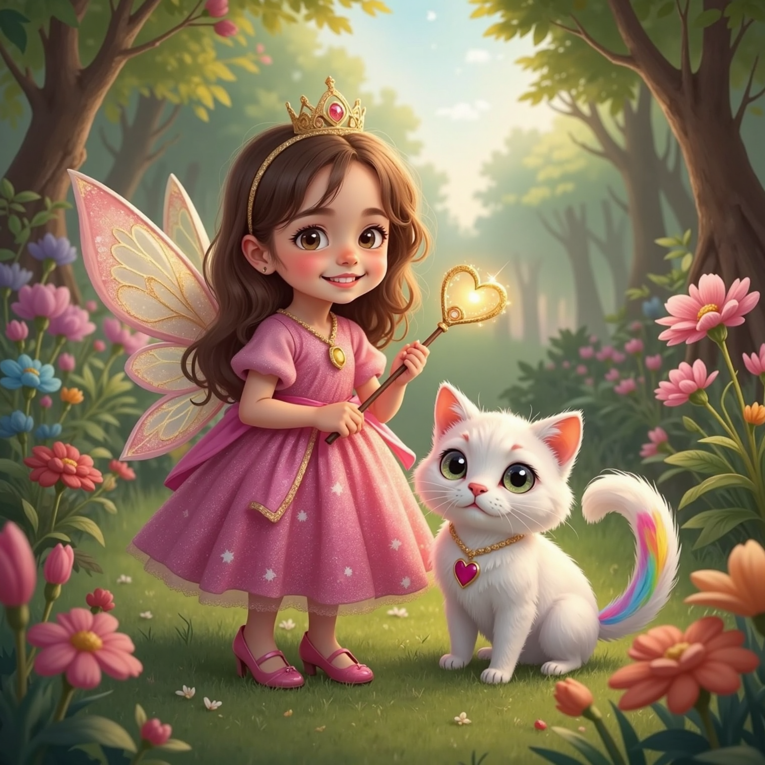 Prinses Sara in a pink glitter dress, golden crown, holding a heartshaped magic wand, smiling with excitement. Fluvvy, a white cat with a glitter rainbow tail, rainbow heart on leg, big eyes, fluffy, wearing a heart shaped necklace, sits beside her in a magical garden with colorful flowers and sparkling wind. The background shows the edge of a whimsical fairyland garden.