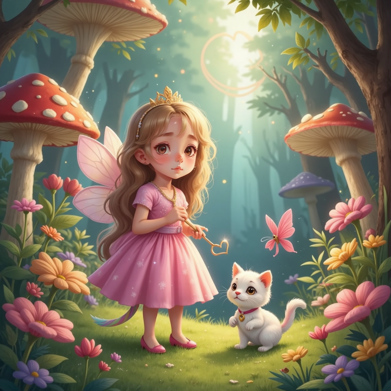 Prinses Sara in a pink glitter dress, looking thoughtful as she searches among bright flowers and giant mushrooms. Fluvvy, the white cat with glitter rainbow tail and heart necklace, sniffs a pink-spotted butterfly near blooming flowers. Magical rings and fairyland paths in the background.