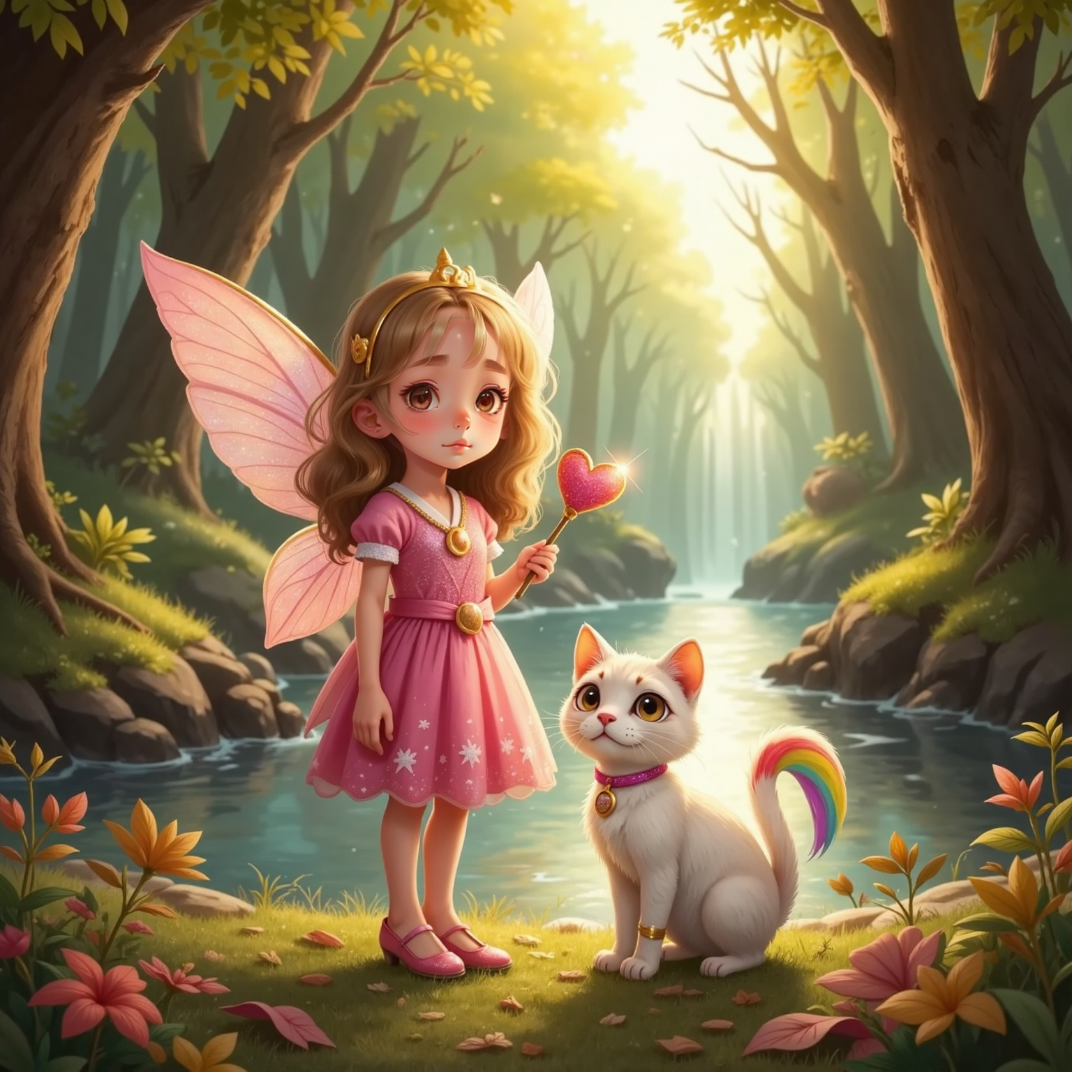 Prinses Sara, looking a bit tired but determined, stands beside Fluvvy, whose heart necklace glints in the sunlight. They are surrounded by tall trees, sparkling leaves, and a shimmering river in the background. Crumpled leaves and tree branches around them.