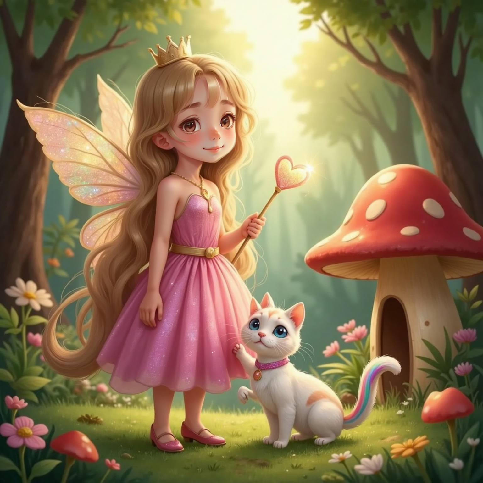 Prinses Sara with hopeful eyes, Fluvvy rubbing against her legs, in a deep forest with colorful flowers and mossy ground. A giant mushroom house with red spots stands nearby, sunlight filtering through tall, whispering trees.