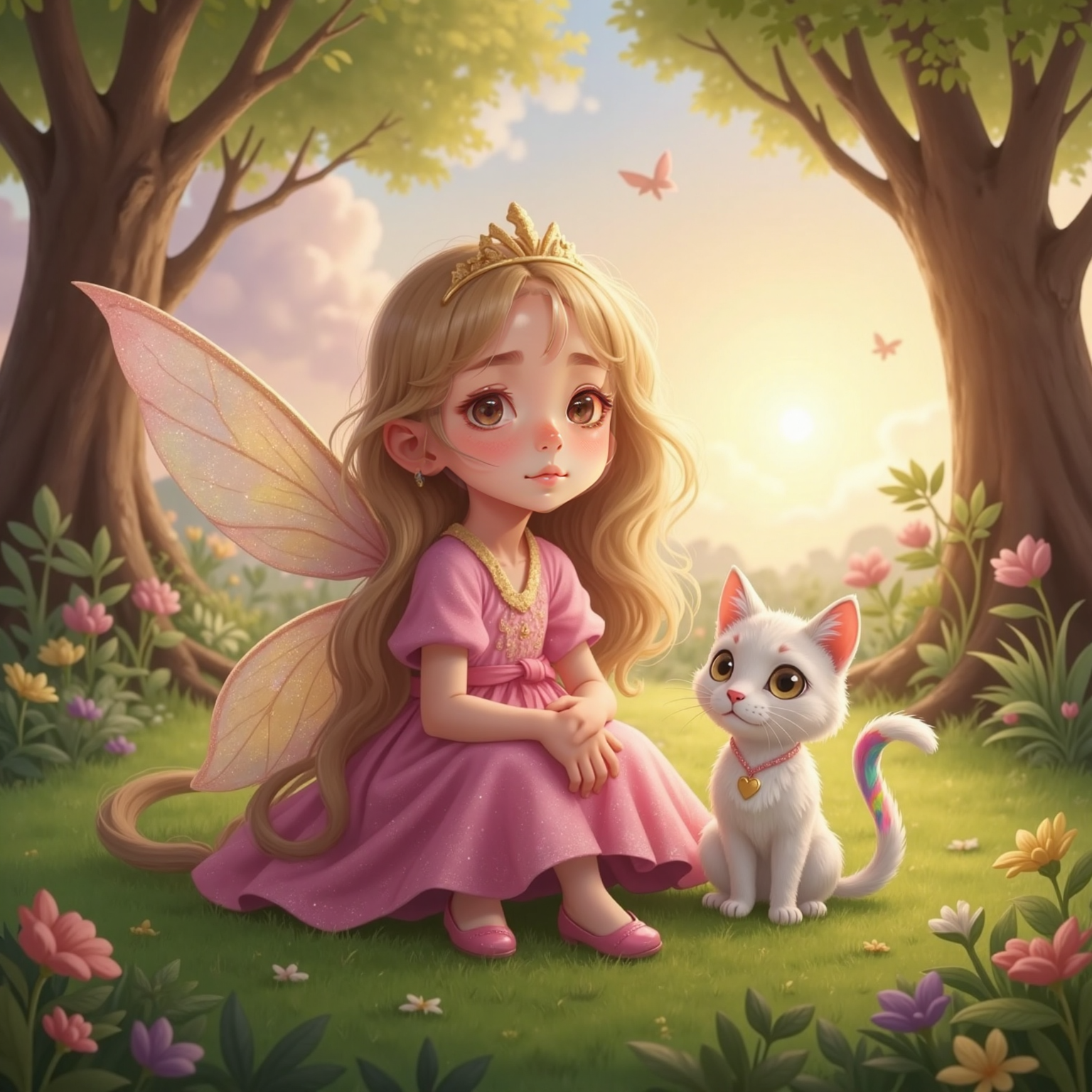 Prinses Sara looking weary, sitting on a soft moss bed, gazing up at the sky. Fluvvy wraps her glittering rainbow tail around Sara’s arm. Dewy morning light and whimsical fairyland trees in the background.