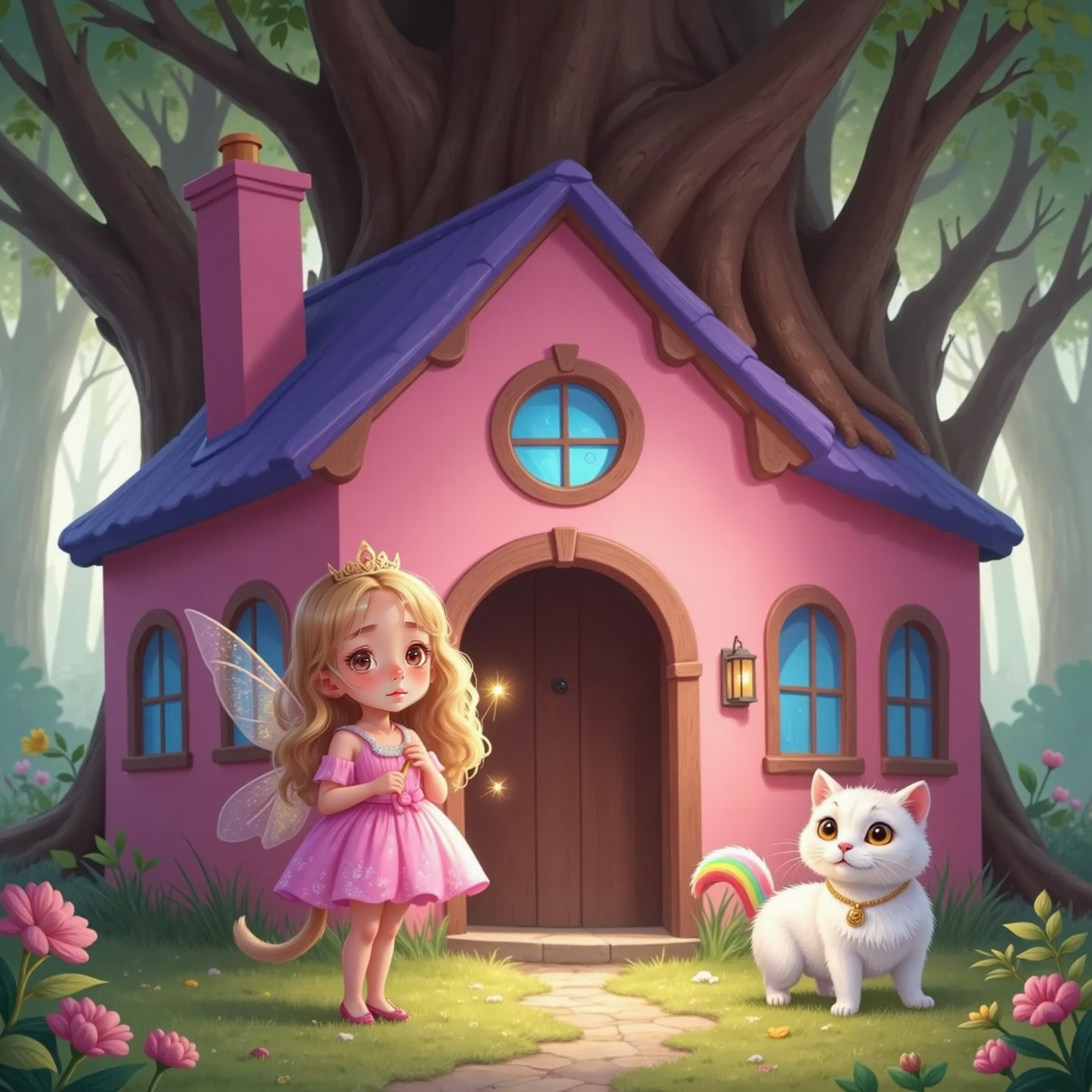 Prinses Sara with wide, amazed eyes, standing in front of a pink house with blue windows, a brown door, and a purple roof under a giant tree. Fluvvy, eyes wide in shock, stands beside her, his rainbow tail sparkling. Magical light shimmers around the house.