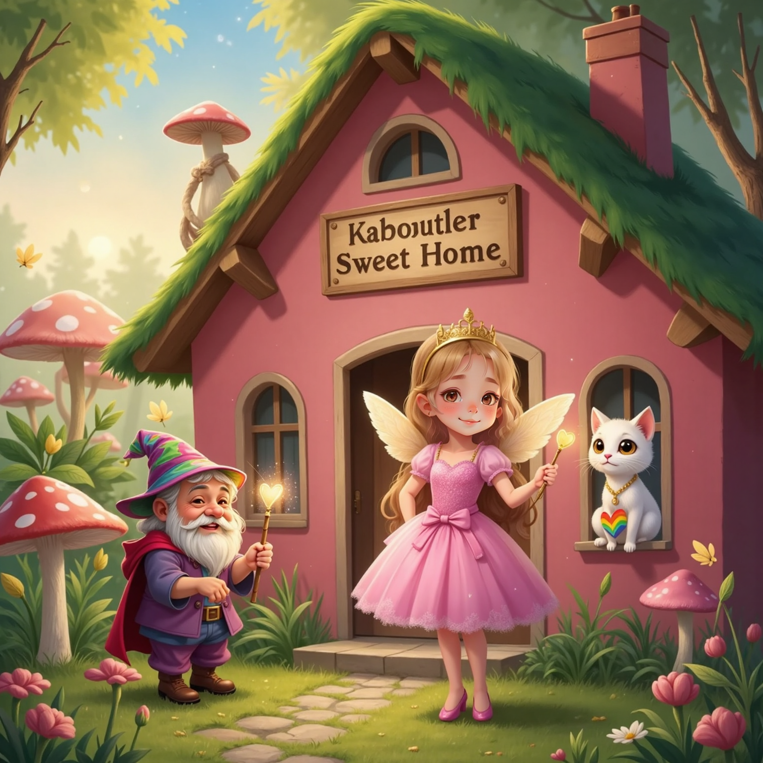 Oupa Kabouter, a short, fat, old man dwarf with a colorful beard and hat, stands smiling near the pink house. Prinses Sara waves and grins broadly at tiny kabouters peeking from the windows. Fluvvy sits on the window ledge, big eyes gleaming.