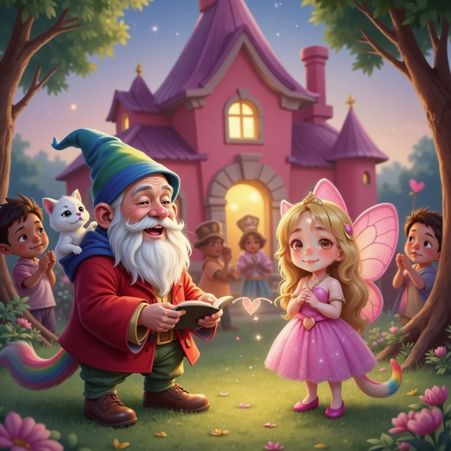 Oupa Kabouter holds his colorful hat, telling a story. Prinses Sara, joyful, twirls her heart necklace. Fluvvy, the white cat with rainbow tail, perches on Oupa Kabouter’s shoulder. Kabouters clap hands in the background, the pink dream house glimmering.