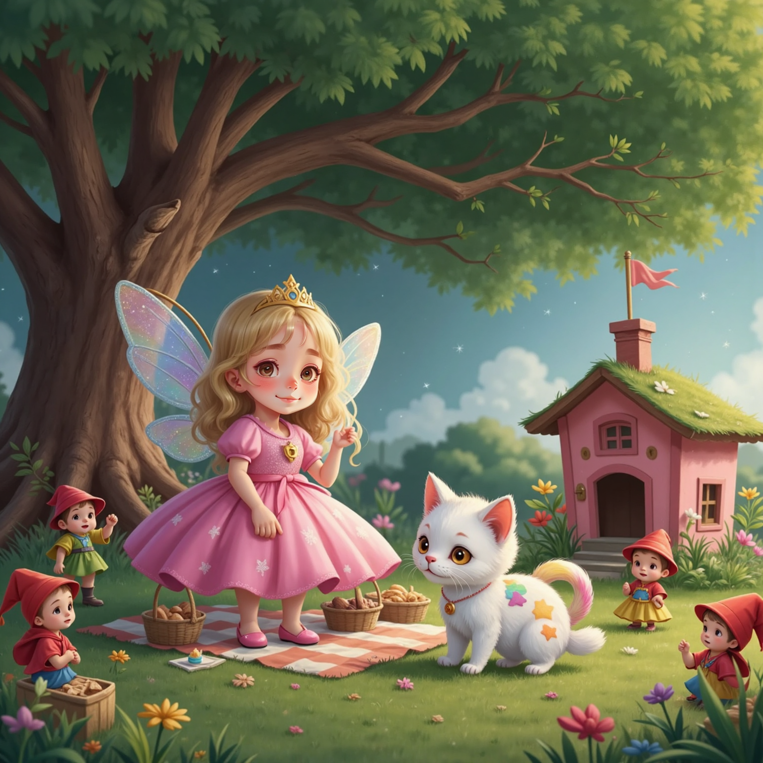 Prinses Sara with sparkling eyes, holding her magic wand, surrounded by cheering kabouters. Fluvvy bows politely, his rainbow tail curled. A picnic under a big tree with the pink house in the background, fairy lights twinkling above.