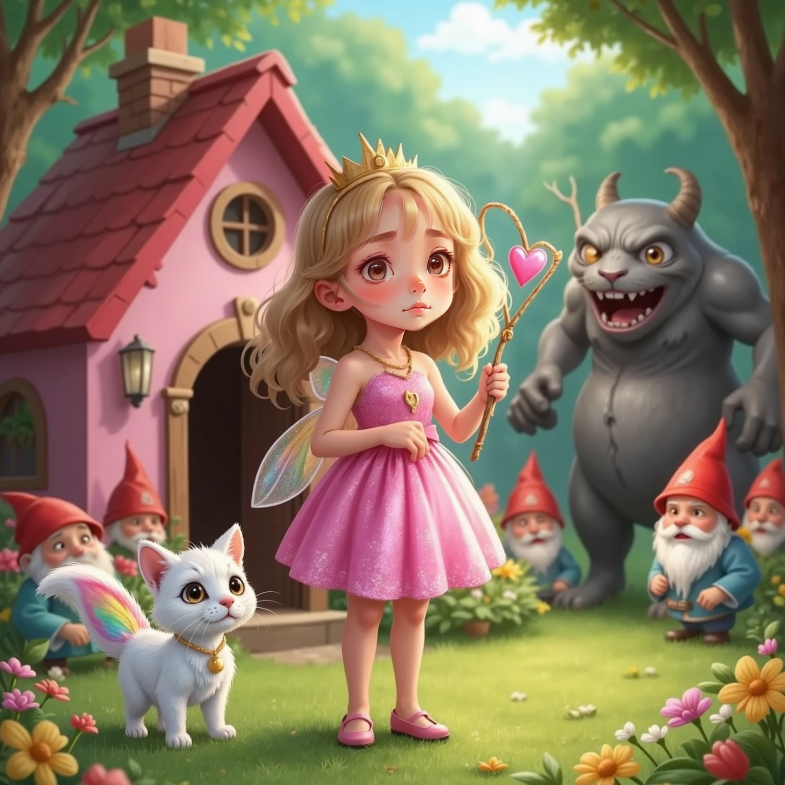 Two monsters with cracked grey skin, fat, round bodies, and big horns glare from afar. Prinses Sara stands bravely in front of the pink house, magic wand raised, determined expression. Fluvvy stands beside her, tail sparkling. Kabouters peek from behind flowers.