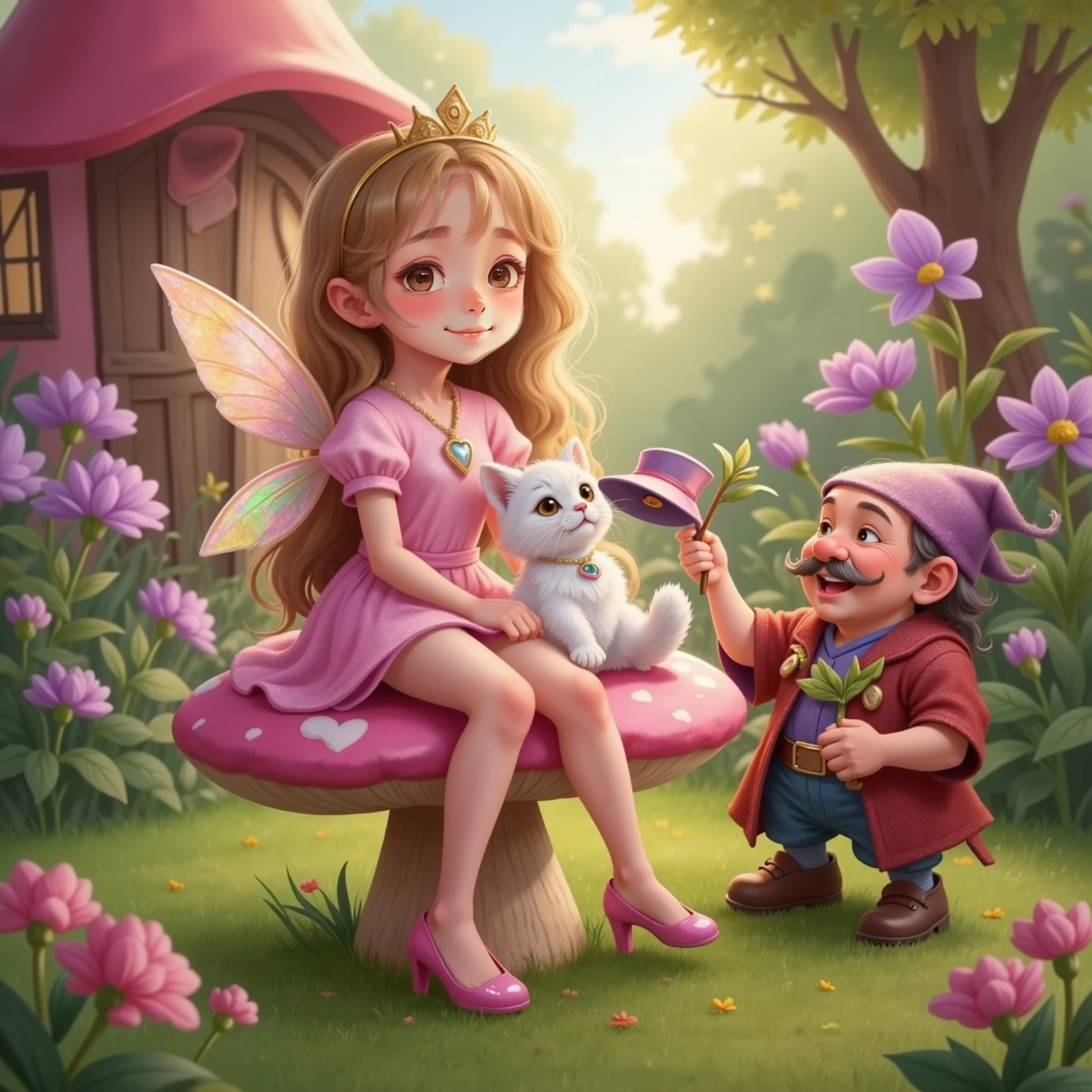 Oupa Kabouter smiles, handing Fluvvy a tiny colorful hat. Prinses Sara sits happily with Fluvvy on her lap, both content. The pink house glows in the late afternoon sun, windows sparkling. Kabouters bring purple flowers as gifts.