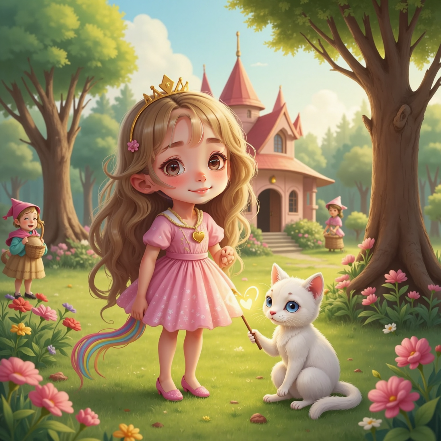 Prinses Sara taps heart shapes in the garden with her magic wand, smiling peacefully. Fluvvy, his glittering rainbow tail curled, sits beside her. The pink house stands in the background, surrounded by kabouters bringing cookies and telling stories.