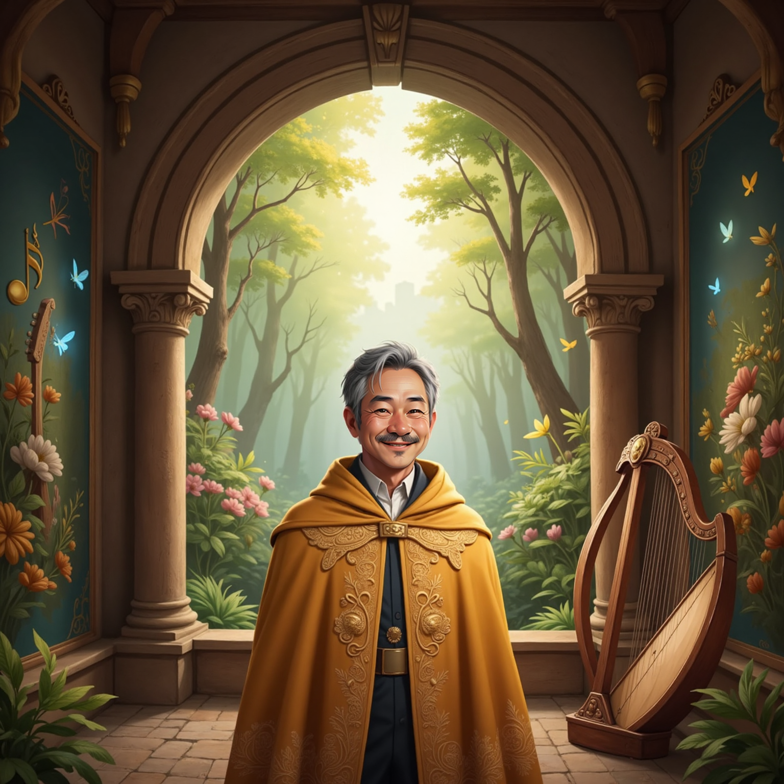 The Musical King, a 50-year-old man with a golden cloak and a crown, standing by a castle window looking into the glowing forest, excitement on his face