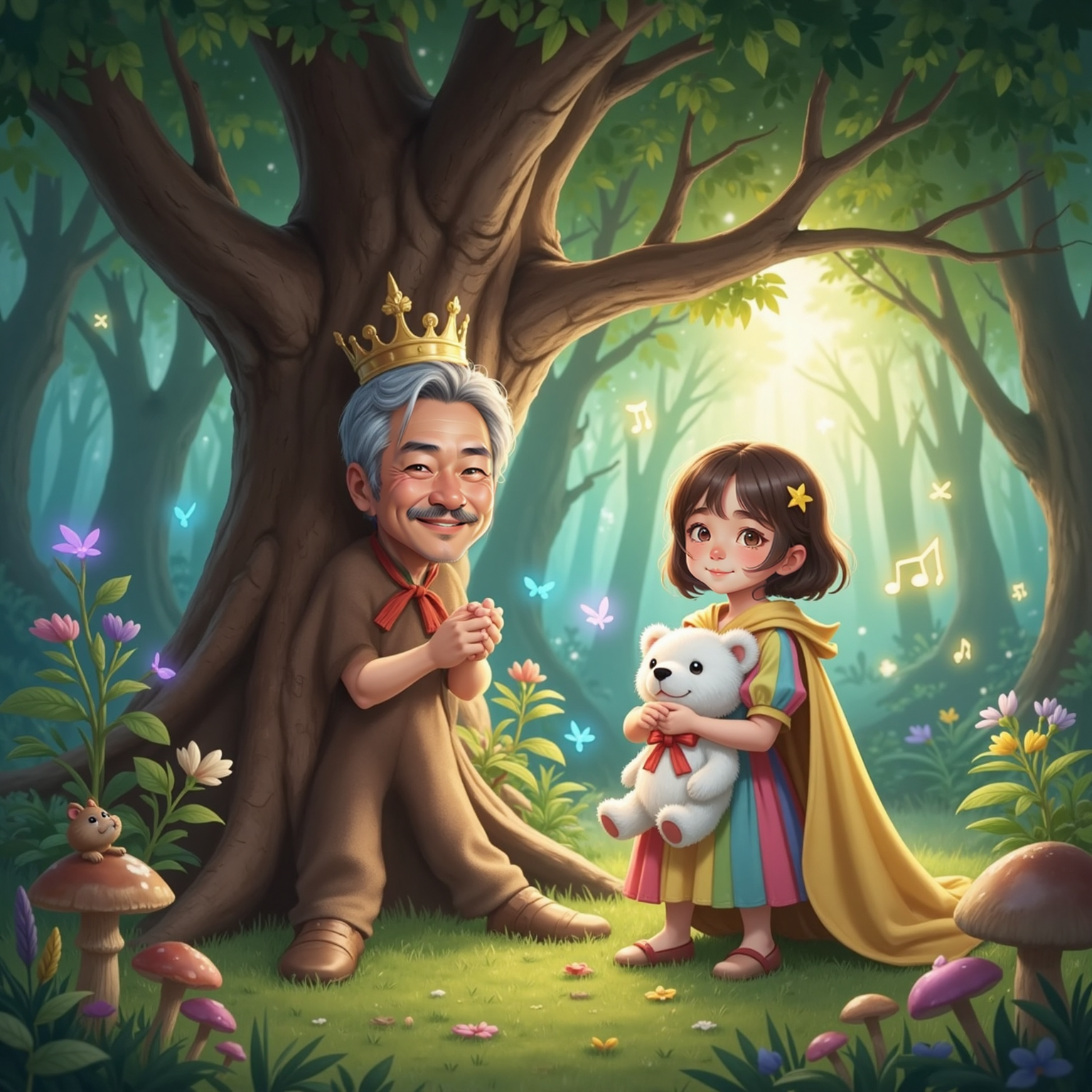 NJ smiling brightly beside a glowing tree, her white teddy bear with a red bow in hand, The Musical King clapping joyfully, the magical forest shimmering around them