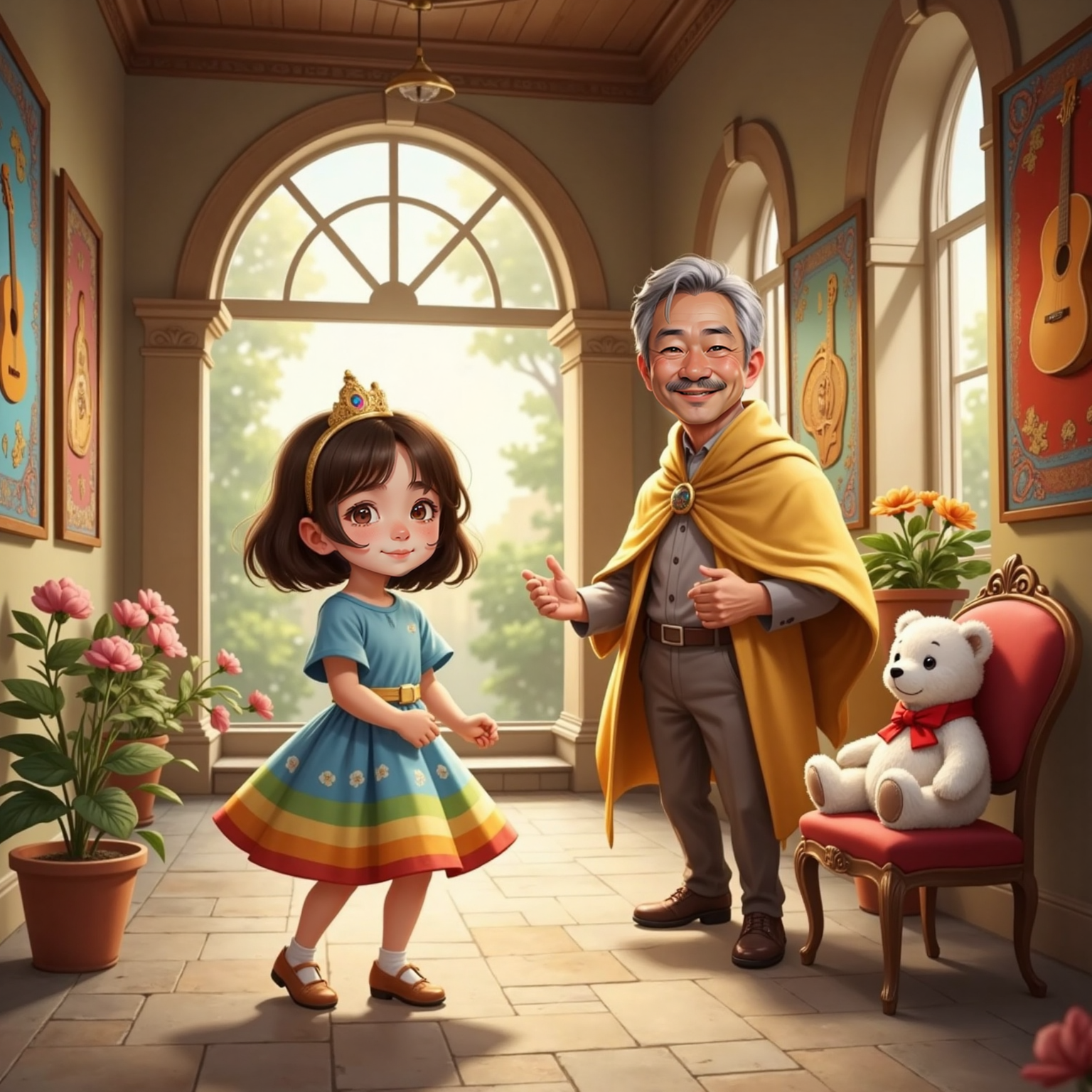 NJ singing happily in a bright castle hallway, The Musical King dancing cheerfully nearby, sunlight streaming through large windows, NJ's white teddy bear with a red bow on a chair