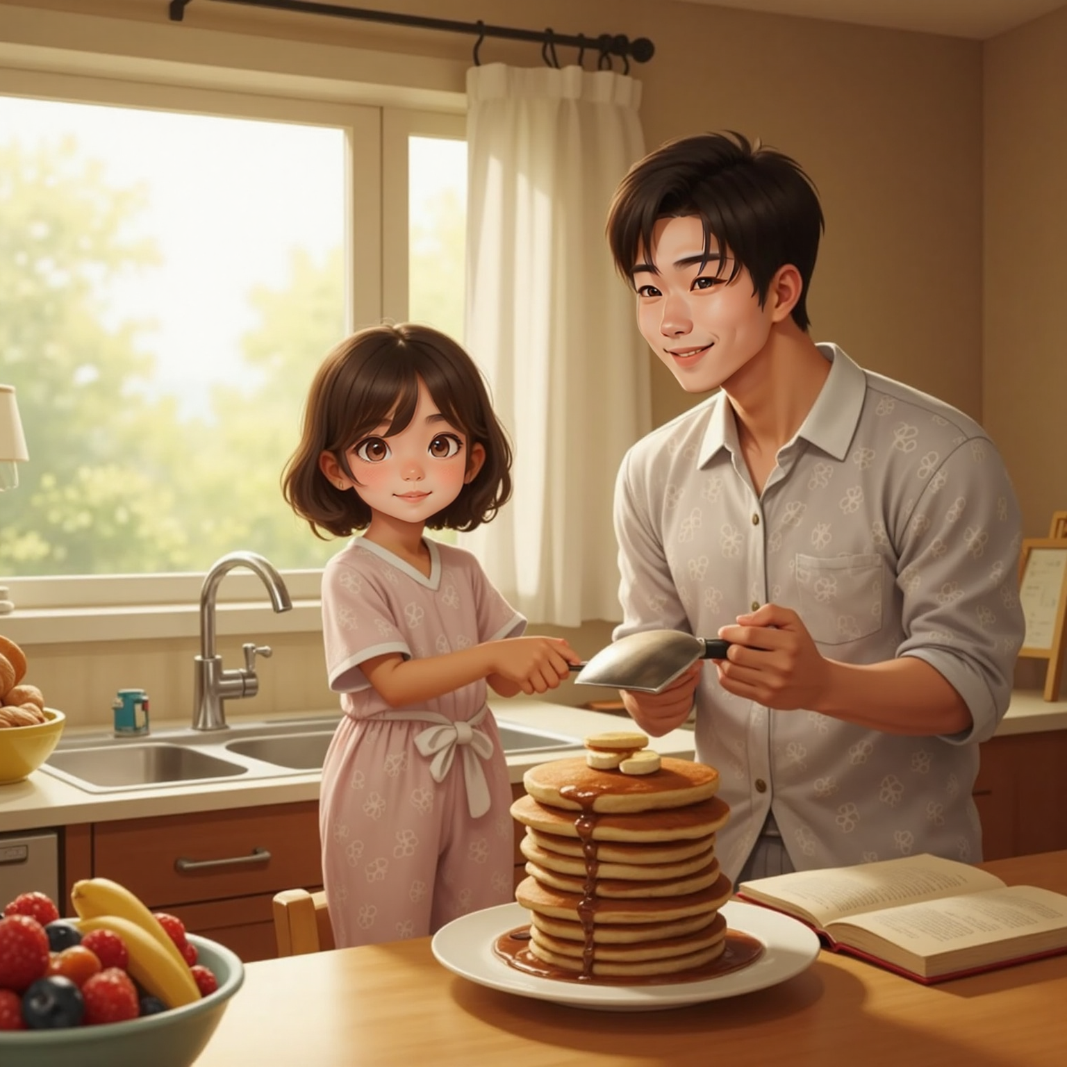 AREFA with wide eyes and a smile, standing on a kitchen stool next to Dad, a 35yo man with gentle eyes and short dark hair, both in pajamas. Dad is holding a spatula, a stack of pancakes on a plate beside them. Sunlight streams through a kitchen window.