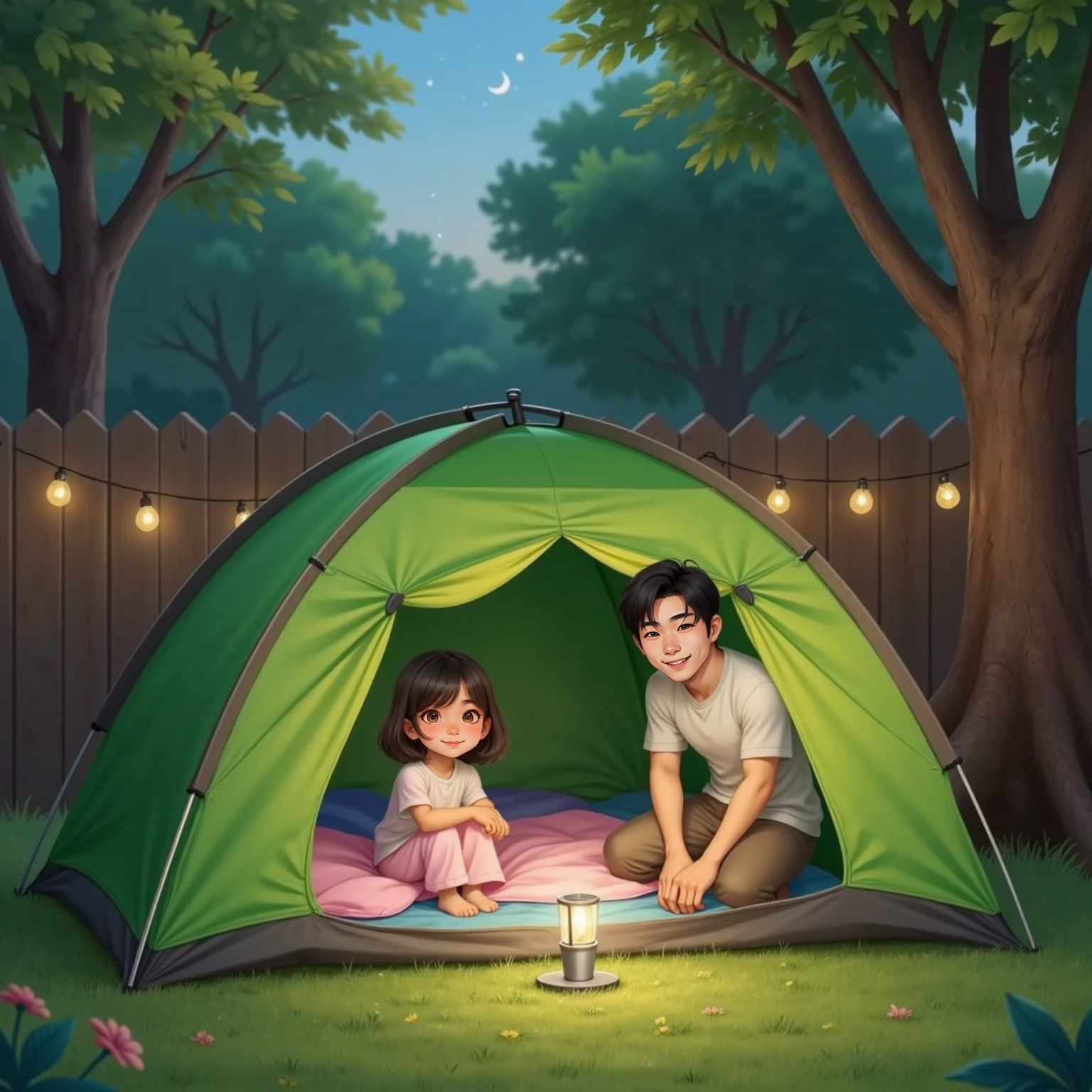 AREFA and Dad, both grinning, kneeling beside a green tent in a backyard. Sleeping bags and a flashlight peek out from the tent's open flap. Trees and a wooden fence in the background.