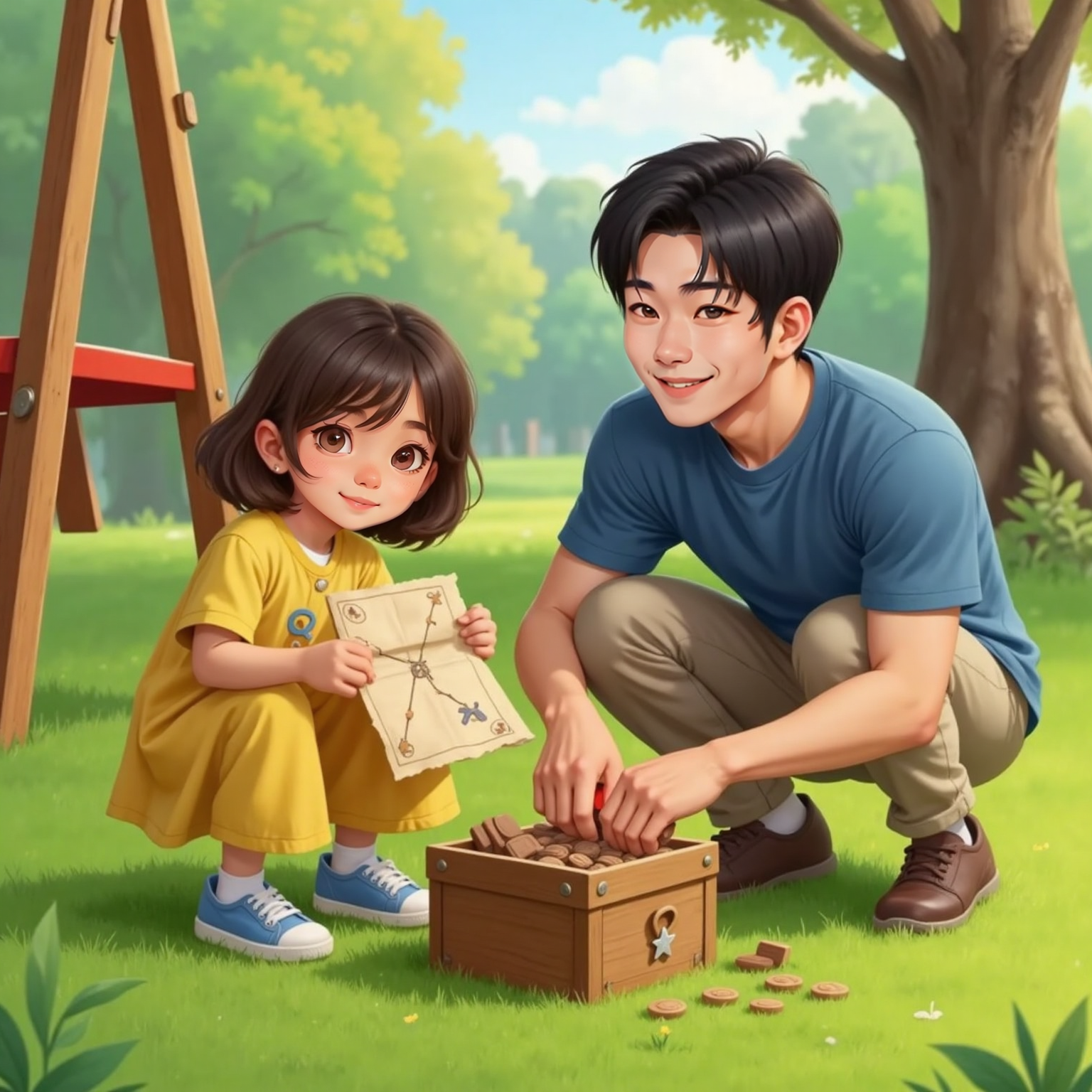 AREFA holding a small paper map, kneeling beside a swing. Dad, crouched nearby, smiles as AREFA opens a small wooden box filled with chocolate coins and a shiny sticker.