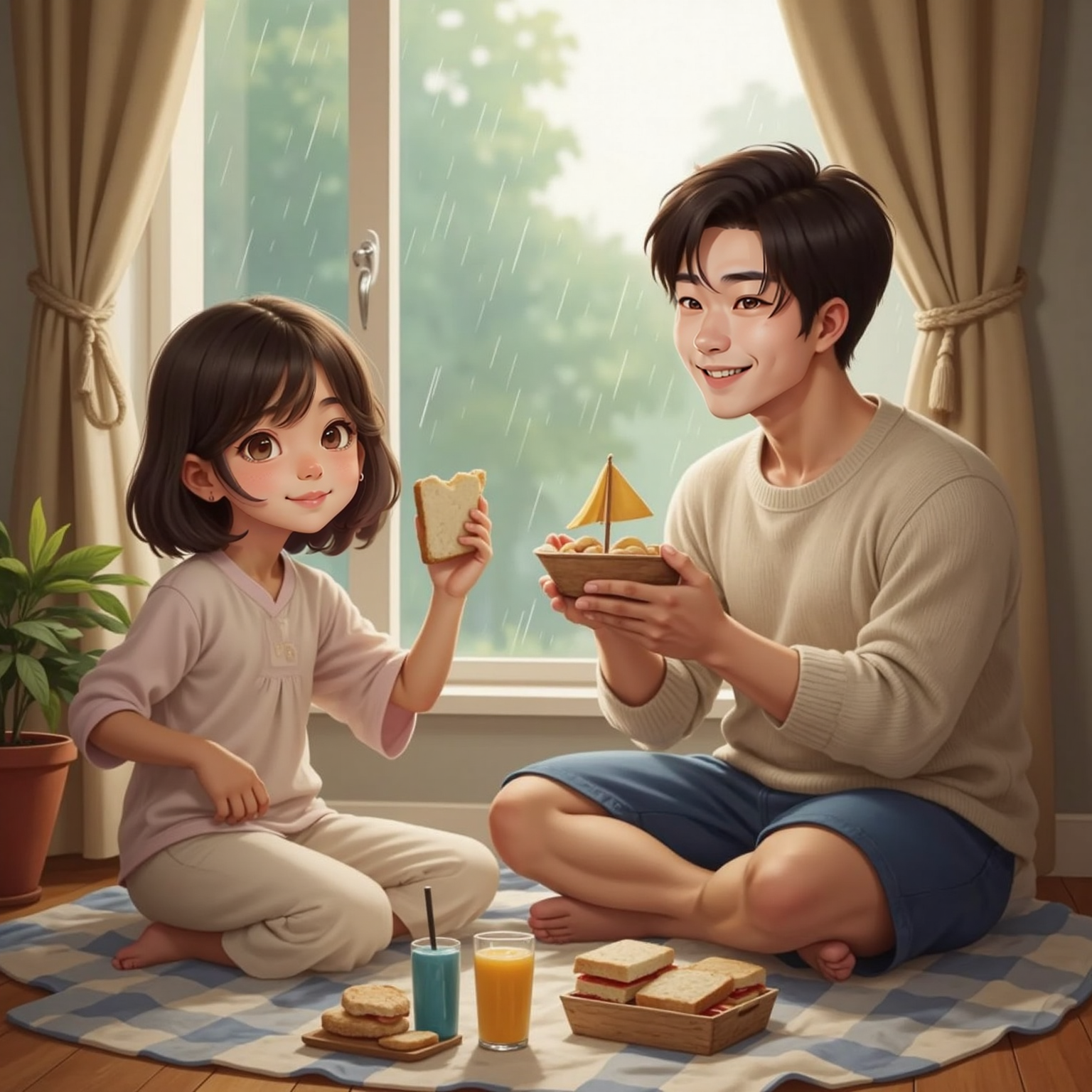 AREFA and Dad sitting on a blanket on the living room floor, a window behind them with raindrops visible. Sandwiches and juice boxes on the blanket. AREFA holds her sandwich shaped like a boat, smiling. Dad playfully 'steers' his sandwich.