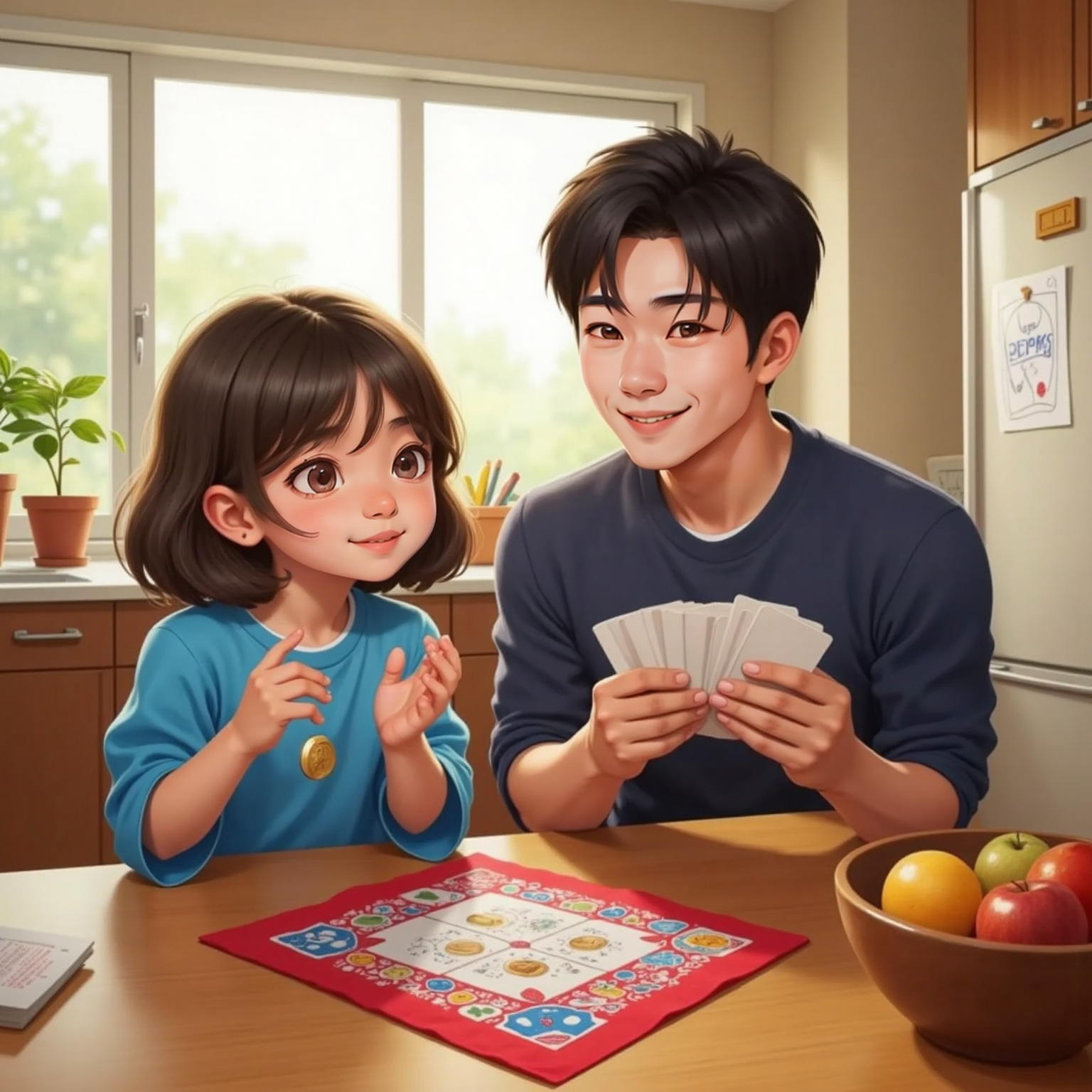 AREFA clapping and giggling, Dad with a playful smile, holding a coin and a deck of cards at the kitchen table. A colorful handkerchief lies on the table.