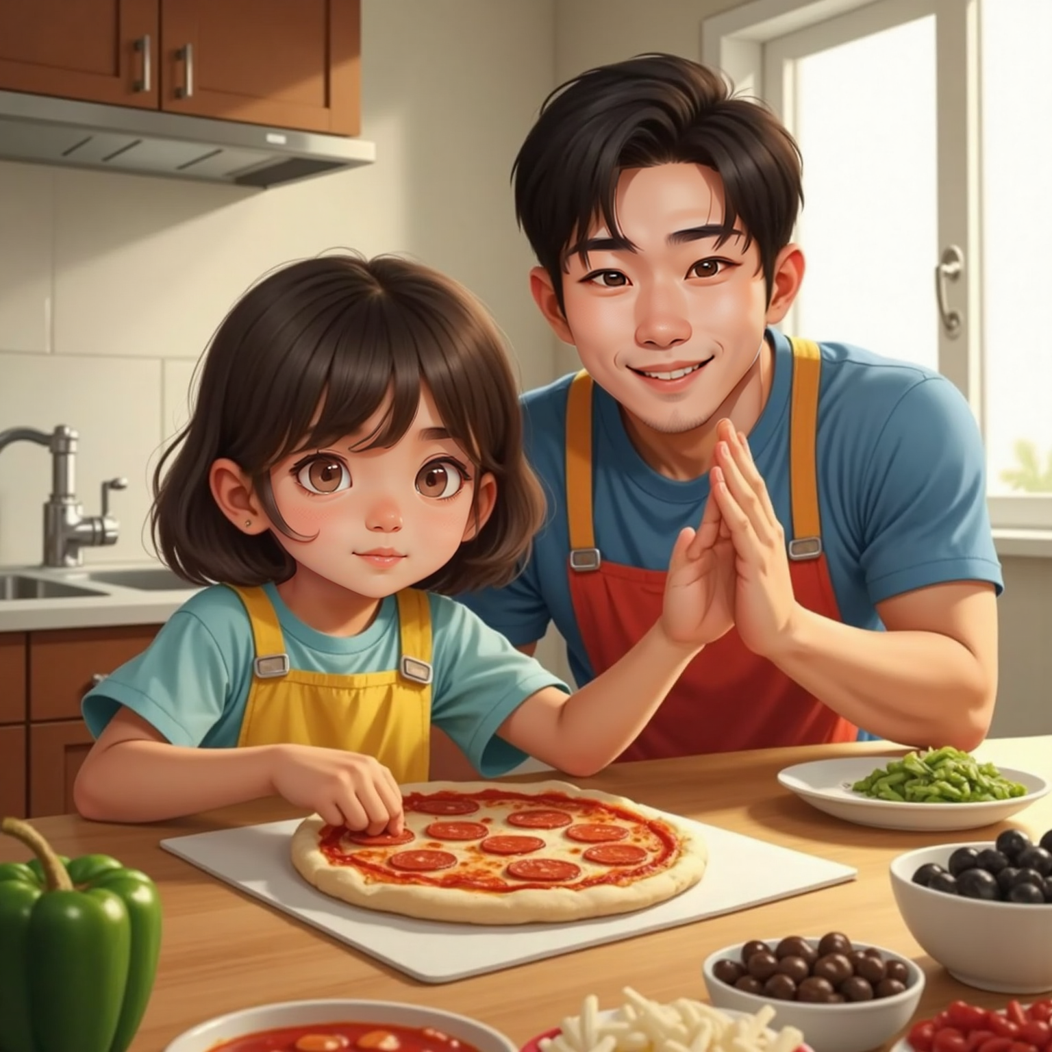 AREFA and Dad in the kitchen, both wearing aprons. AREFA spreading tomato sauce on pizza dough, placing pepperonis in a smiley face. Dad gives her a high five. The kitchen counter is covered with pizza toppings.