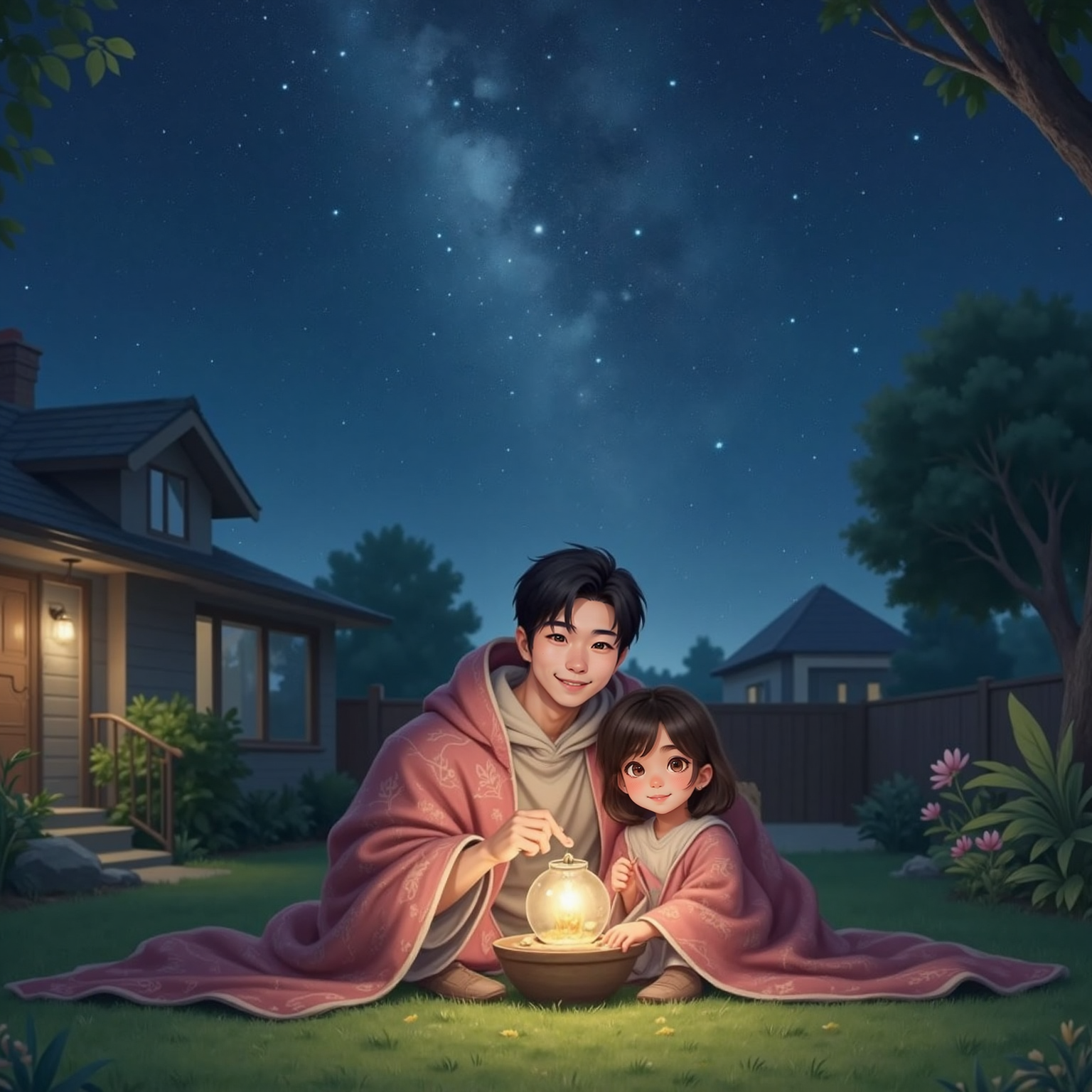AREFA and Dad snuggled under a blanket in the backyard at night. Dad points to the sky with the Big Dipper and a bright planet visible. AREFA looks up, eyes sparkling, making a wish.
