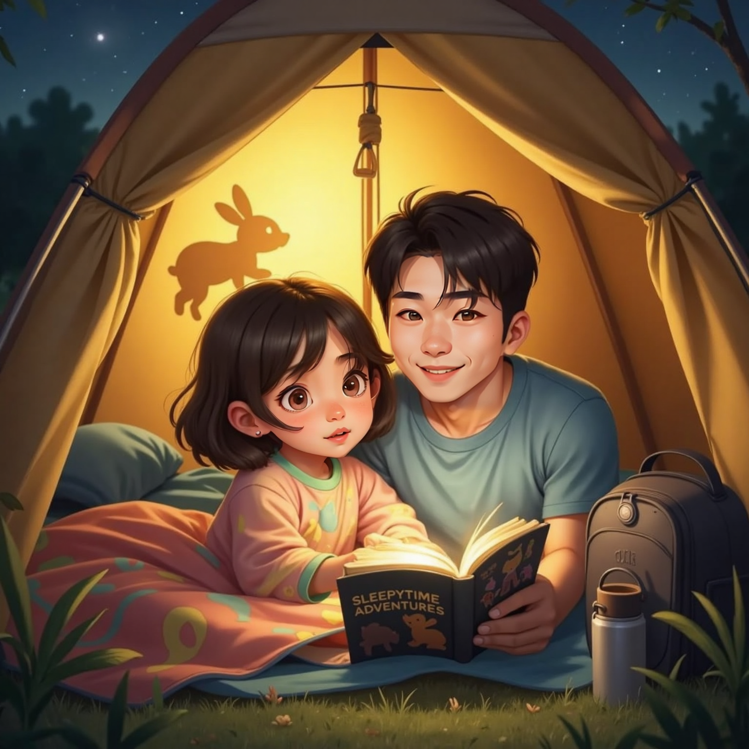AREFA and Dad inside the tent at night, AREFA holding a storybook, Dad shining a flashlight to make animal shadows on the tent wall. AREFA is yawning, cozy in her sleeping bag.