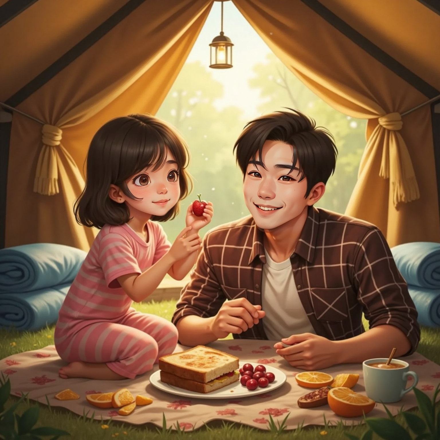 AREFA and Dad inside the tent in the morning, AREFA feeding a berry to Dad, who pretends to be a hungry bear. A breakfast of toast and fruit is spread between them. Sunlight shines through the tent flap.