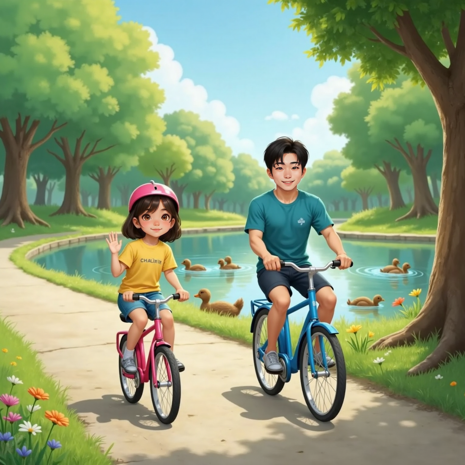 AREFA and Dad riding bikes in the park, both smiling and wearing helmets. Ducks swim in a pond nearby. AREFA waves at a duck, her bike bell visible on the handlebars.