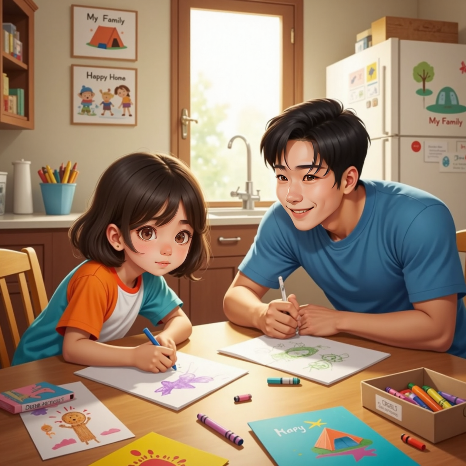 AREFA and Dad sitting at a table covered in paper and crayons. AREFA draws pancakes and stars with a focused expression. Dad draws a tent, smiling. Their drawings are taped to the fridge in the background.