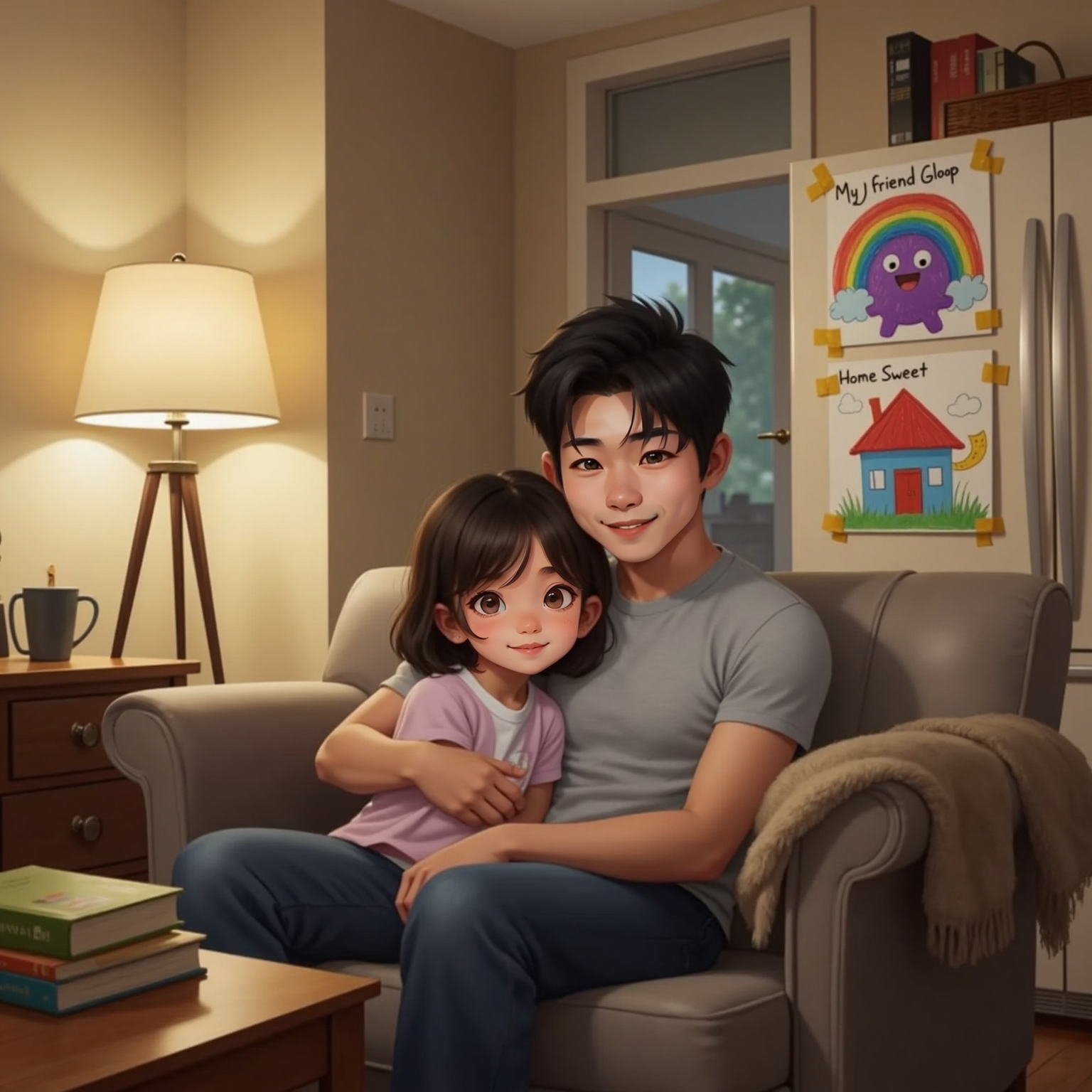 AREFA and Dad cuddled on the couch in the evening, looking at their drawings taped to the fridge. AREFA smiles contentedly, Dad holds her close. The living room is softly lit.
