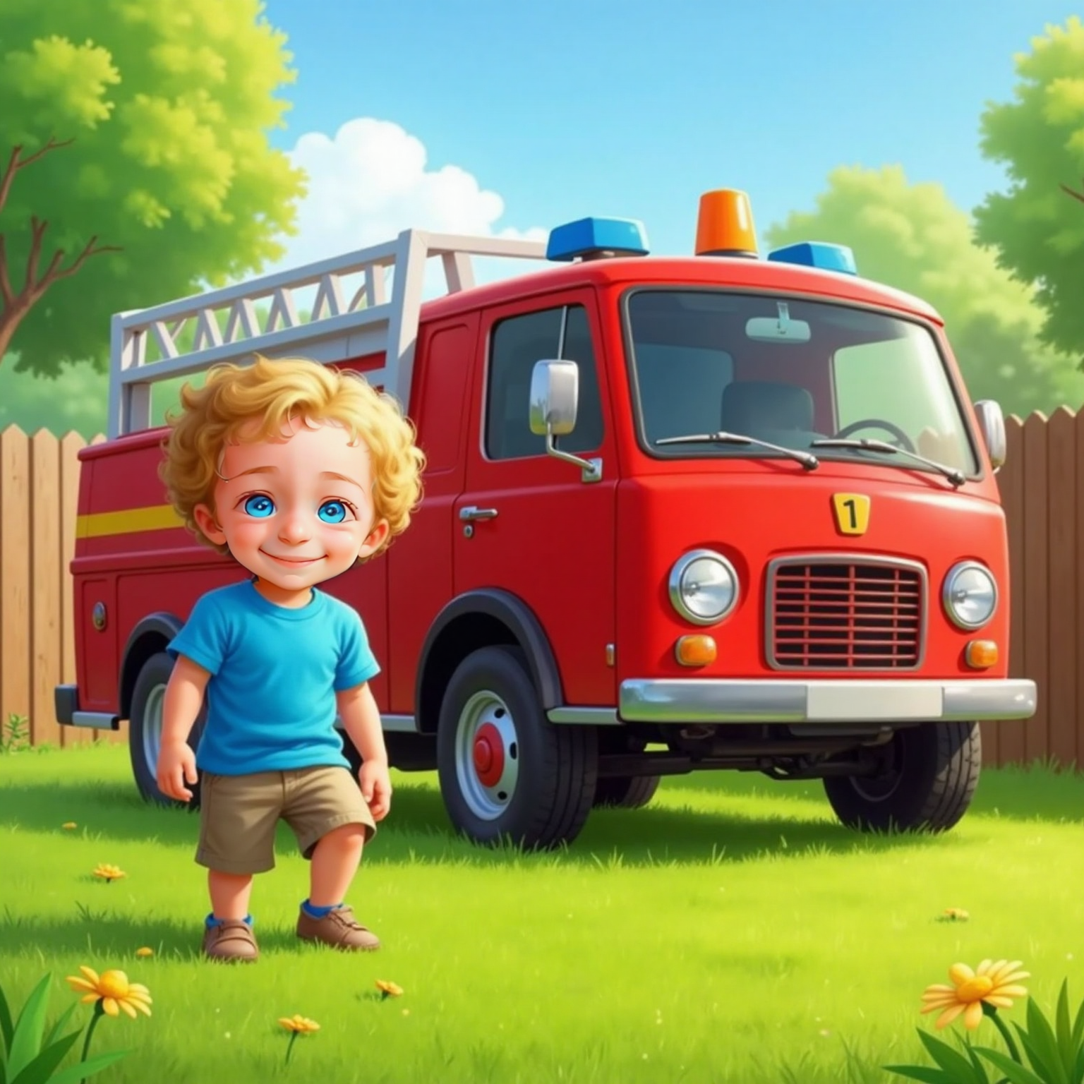 Jaxon, a smiling 3yo boy with short brown hair, playing beside Freddy Firetruck the big red friendly fire truck and a smiling face with a ladder and sirens, he hasxa big smile and friendly eyesin a green grassy yard under a sunny sky.