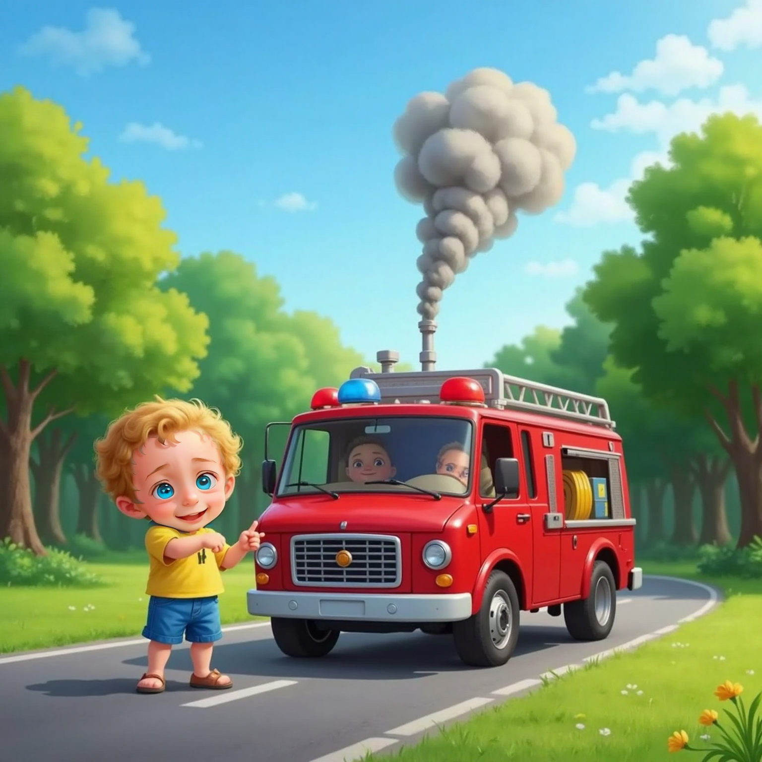 Jaxon pointing at grey smoke rising from a green forest in the background, Freddy Firetruck beside him with lights flashing and sirens visible.