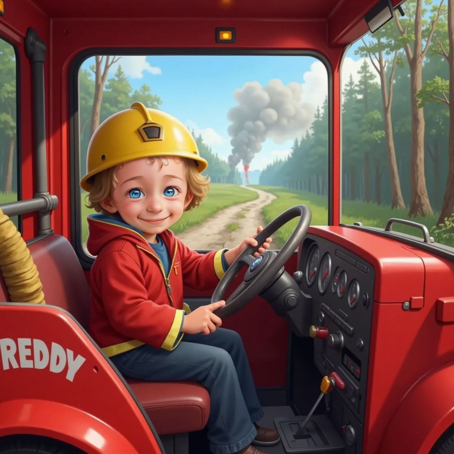 Jaxon sitting on Freddy Firetruck’s front seat, looking determined, as they face a path leading toward a forest with smoke in the distance.