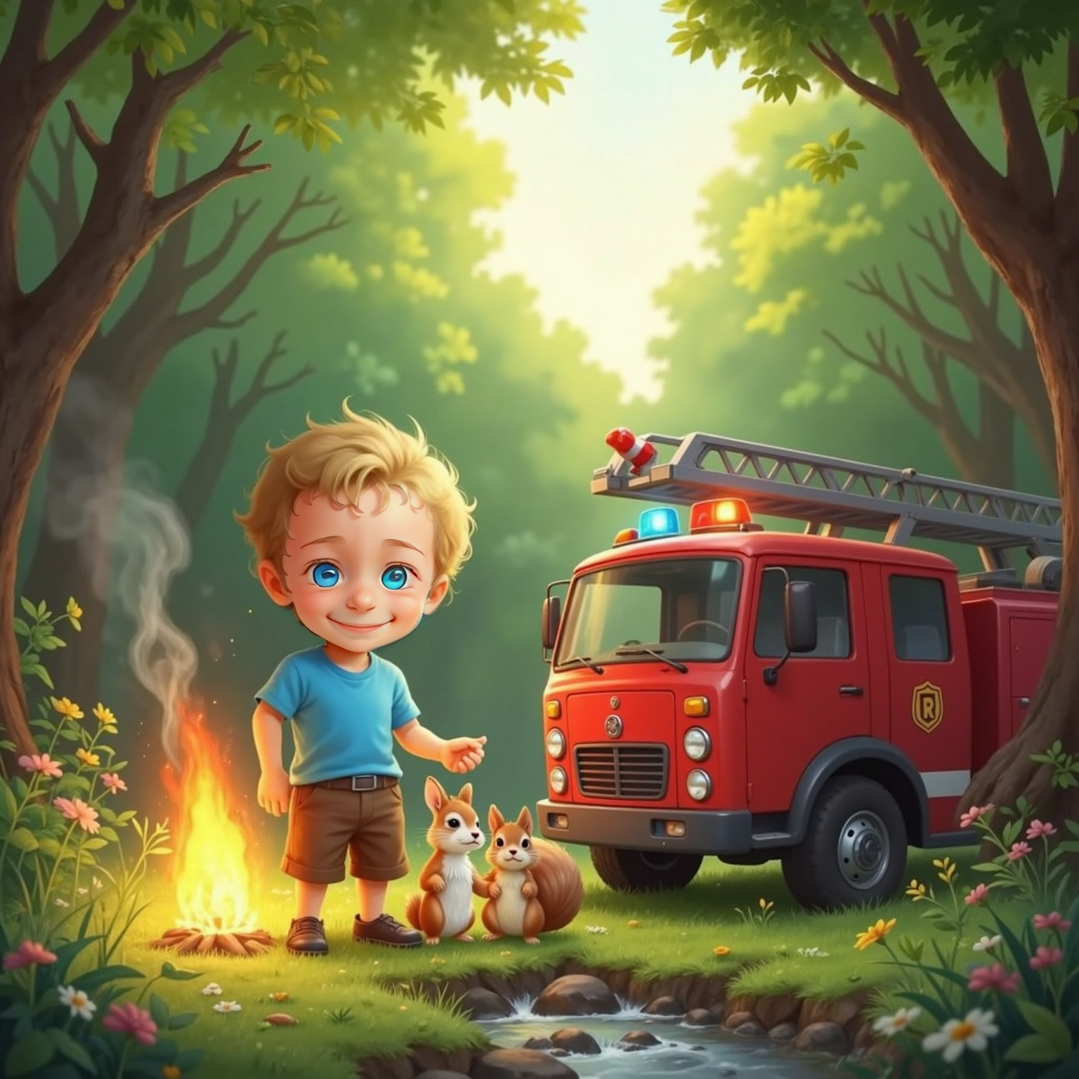 Small flames at the edge of a forest. Bunny, a white rabbit with wide eyes, and Squirrel, a brown squirrel with a bushy tail, look scared near Freddy Firetruck and a confident Jaxon.