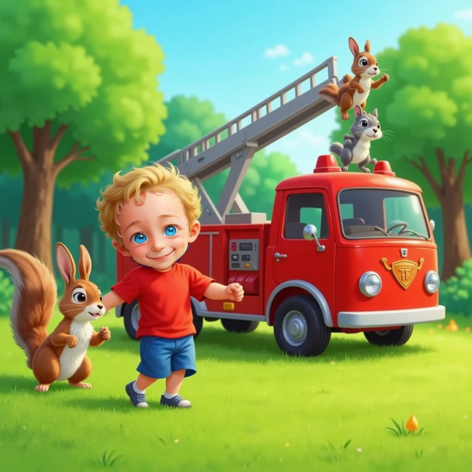 Bunny hopping toward a smiling Jaxon, while Squirrel climbs onto Freddy Firetruck’s ladder. Flames and trees in the background.