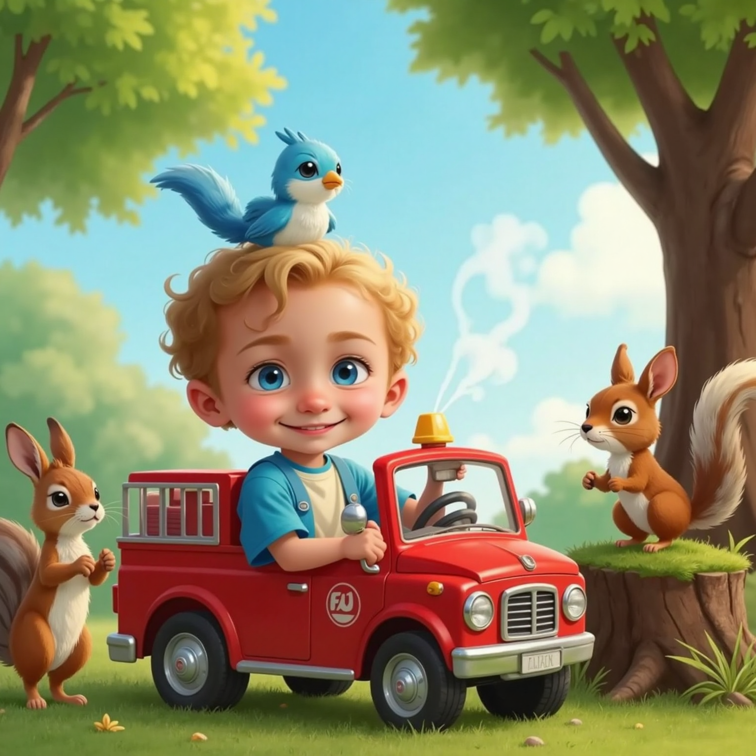 Jaxon looking up as Bird, a small blue bird with bright eyes, perches on Freddy Firetruck’s roof. Bunny and Squirrel stand nearby. Trees and smoke in the background.