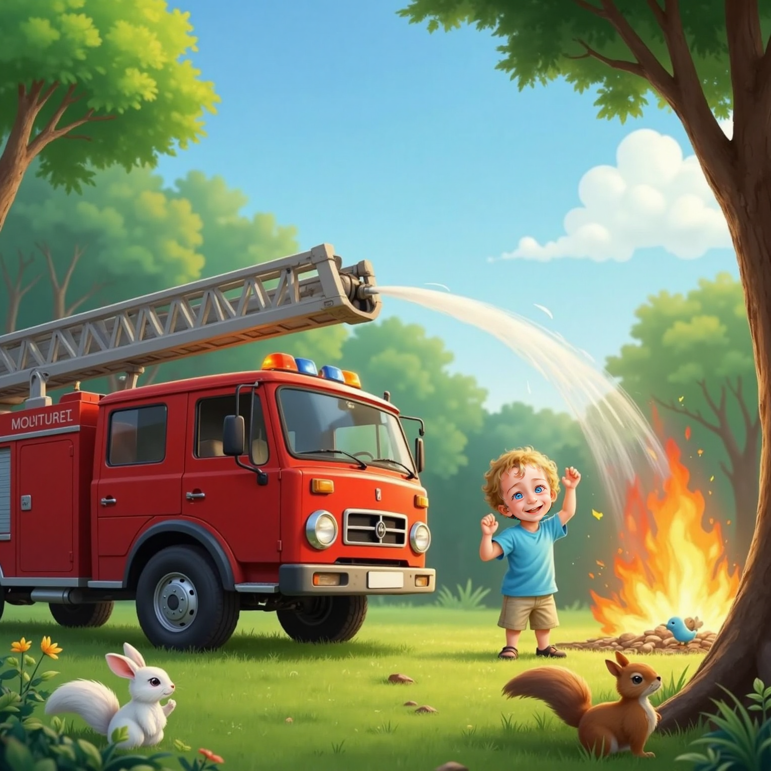 Jaxon cheering with arms up as Freddy Firetruck sprays water from his hose onto orange flames at the edge of the forest. Bunny, Squirrel, and Bird watch nearby.