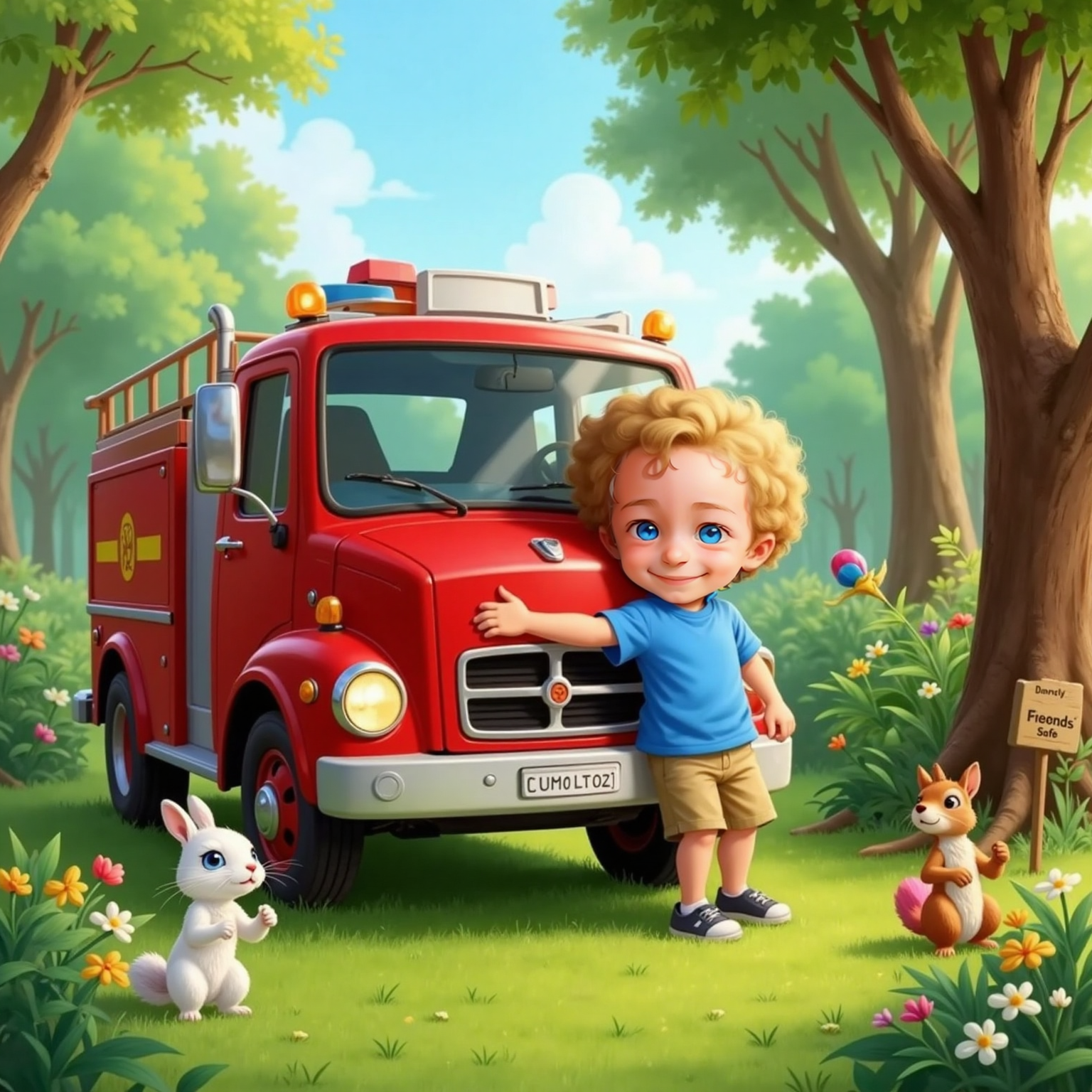 Jaxon hugging Freddy Firetruck happily, surrounded by Bunny, Squirrel, and Bird clapping and hopping in a now-safe green forest.