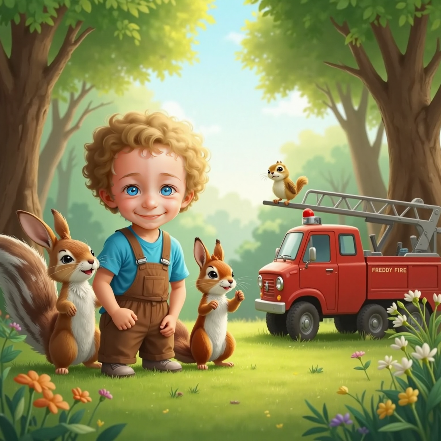 Bird chirping happily on Freddy Firetruck’s ladder, with Bunny and Squirrel smiling beside Jaxon in a peaceful forest clearing.