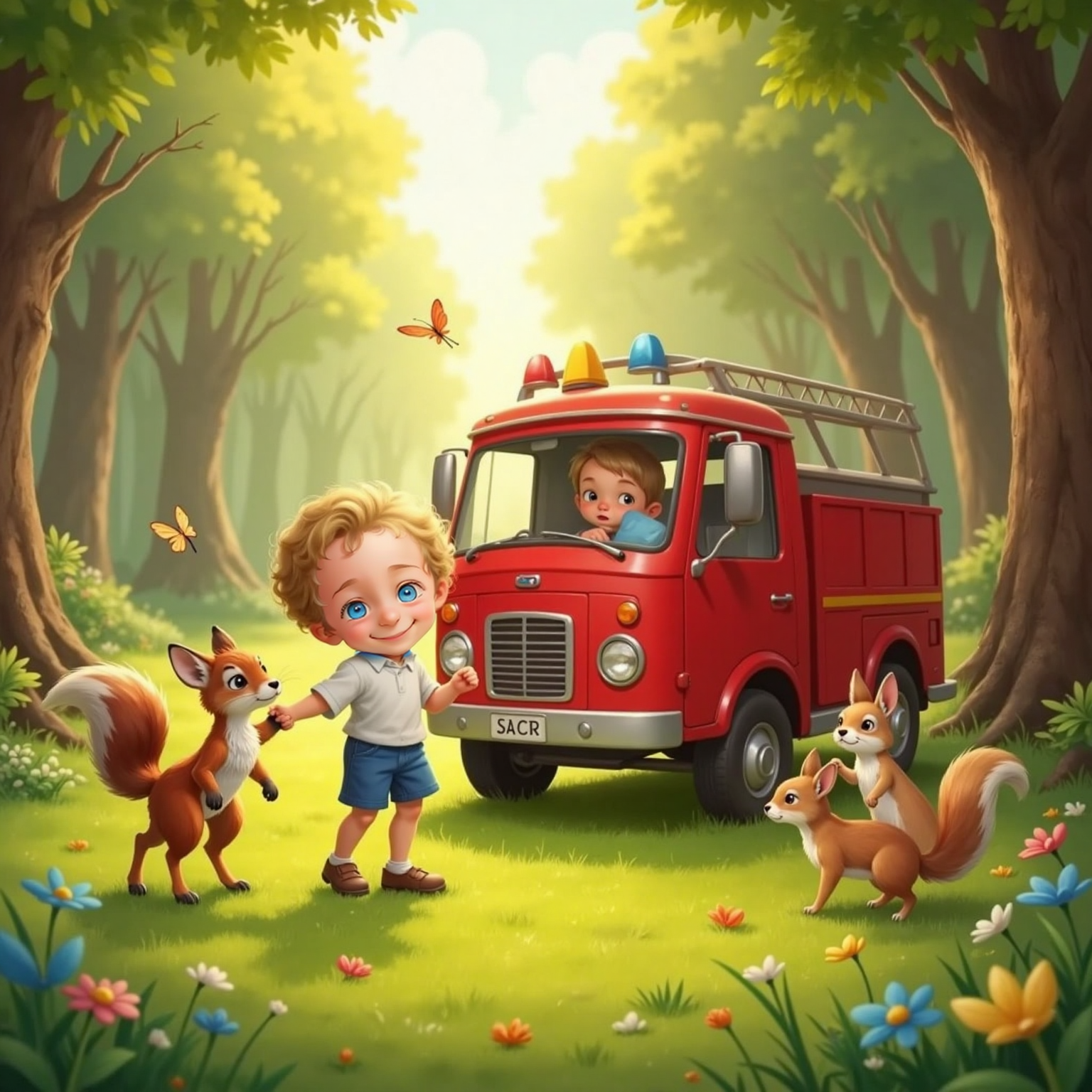 Jaxon and the animals dancing in a circle around Freddy Firetruck in a sunny, peaceful forest clearing.