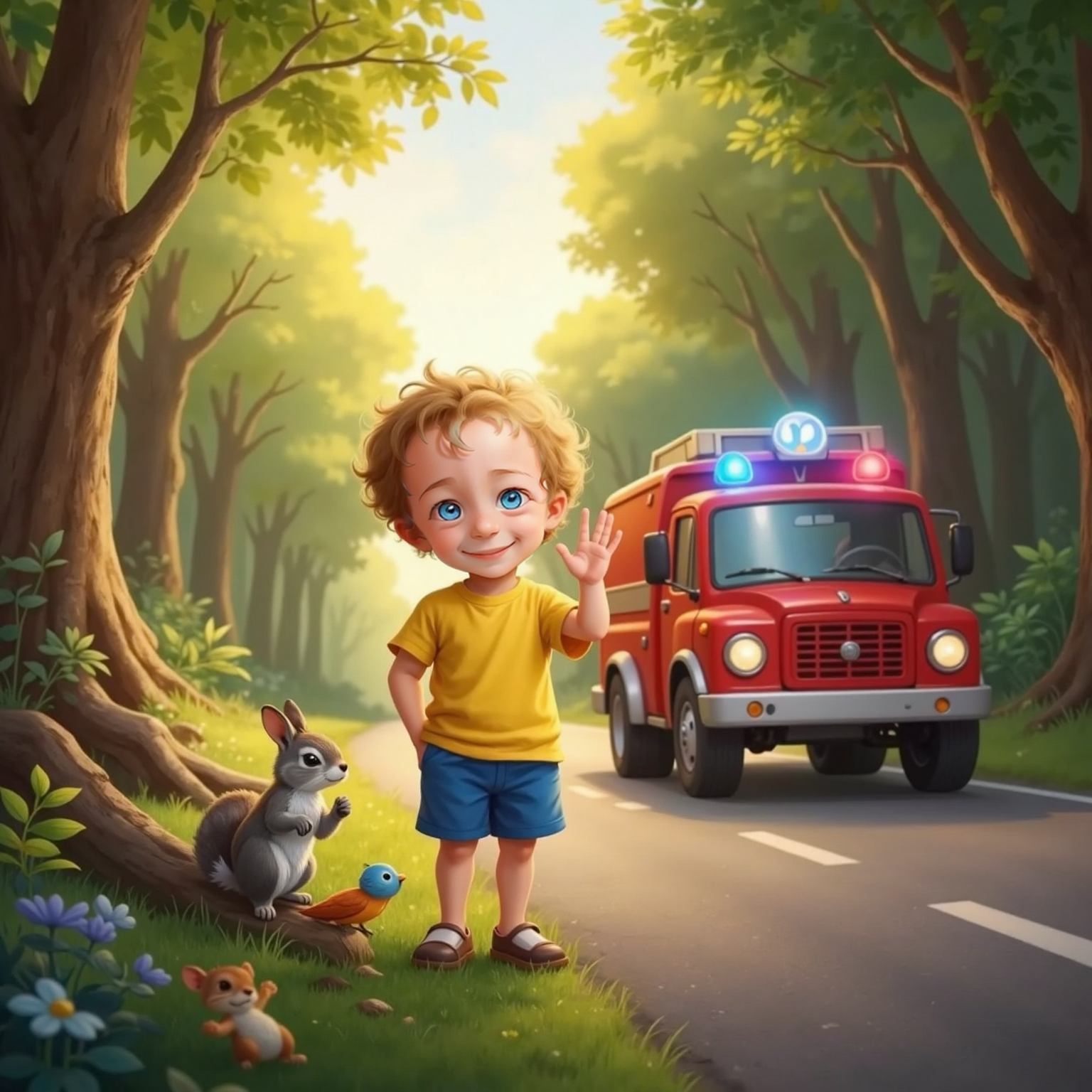 Jaxon waving goodbye to Bunny, Squirrel, and Bird at the edge of the forest. Freddy Firetruck’s lights twinkle as he drives Jaxon home along a quiet road.