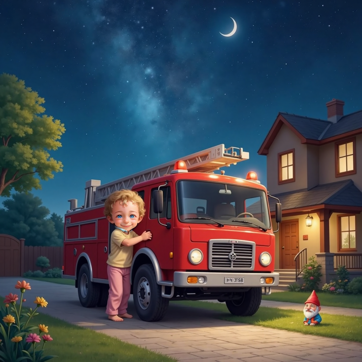 Jaxon hugging Freddy Firetruck tightly under a starry night sky, both smiling, parked beside Jaxon’s house.