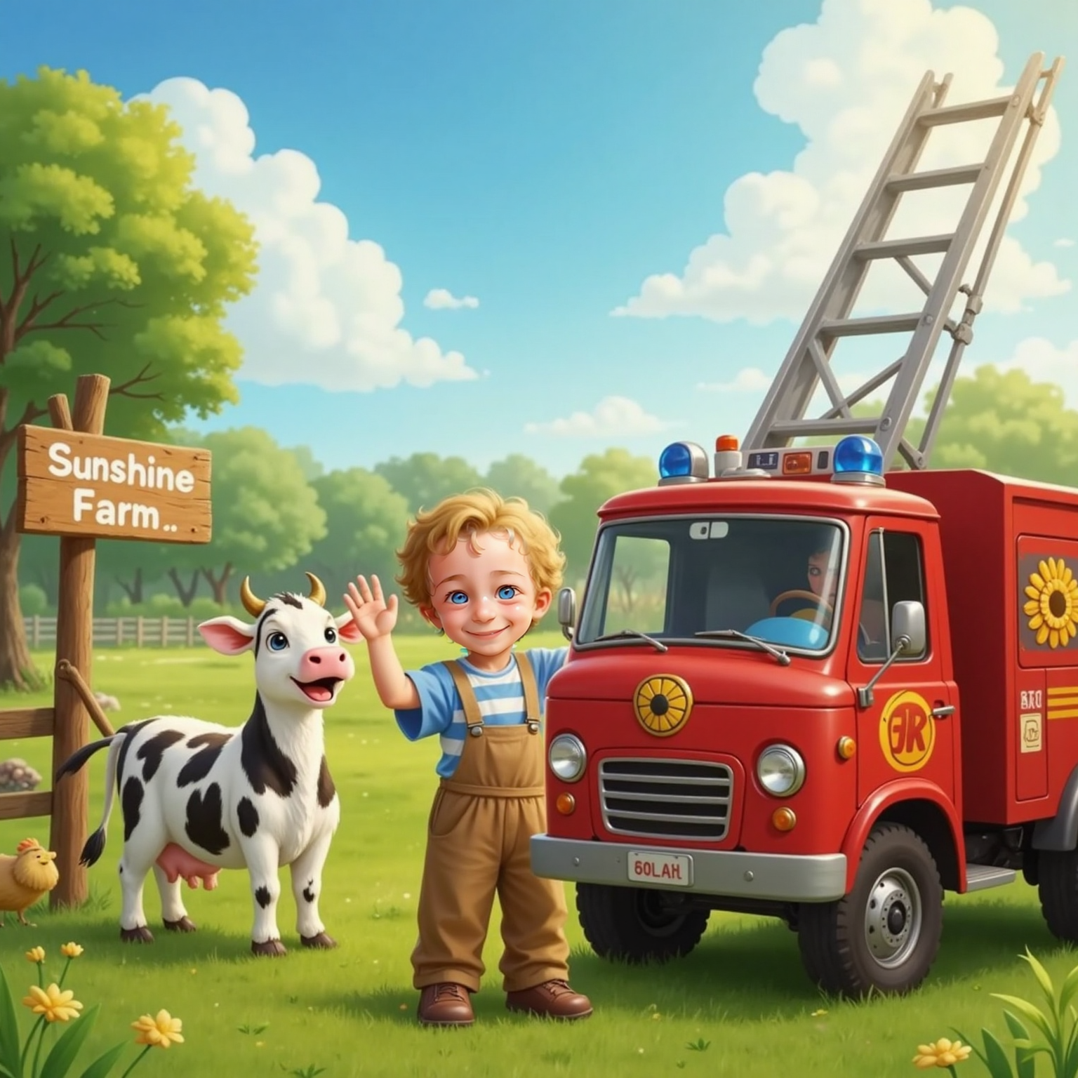 Jaxon waving happily at the entrance of a sunny green farm, with Freddy Firetruck—a big red friendly fire truck with a smiling face and a tall ladder—beside him. Lilly the cow, a white and black spotted friendly cow, stands nearby, smiling. Happy farm animals and a blue sky in the background.