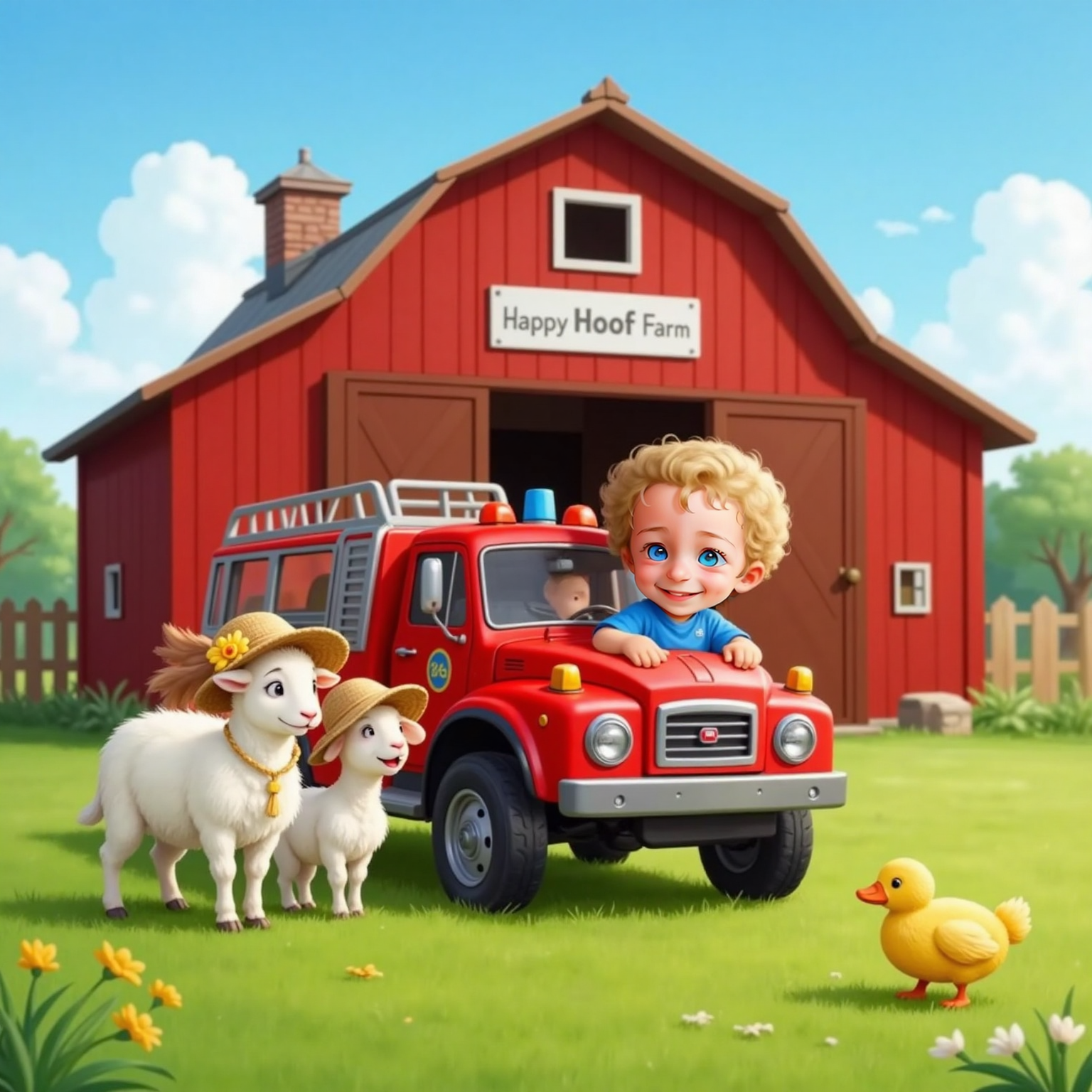 Sally Sheep, fluffy and white, wearing a straw hat with a flower, stands smiling with two tiny lambs peeking from behind her legs. Jaxon and Freddy Firetruck laughing together, with Didi the duck—small and yellow—waddling by. The sunny farm and a red barn in the background.